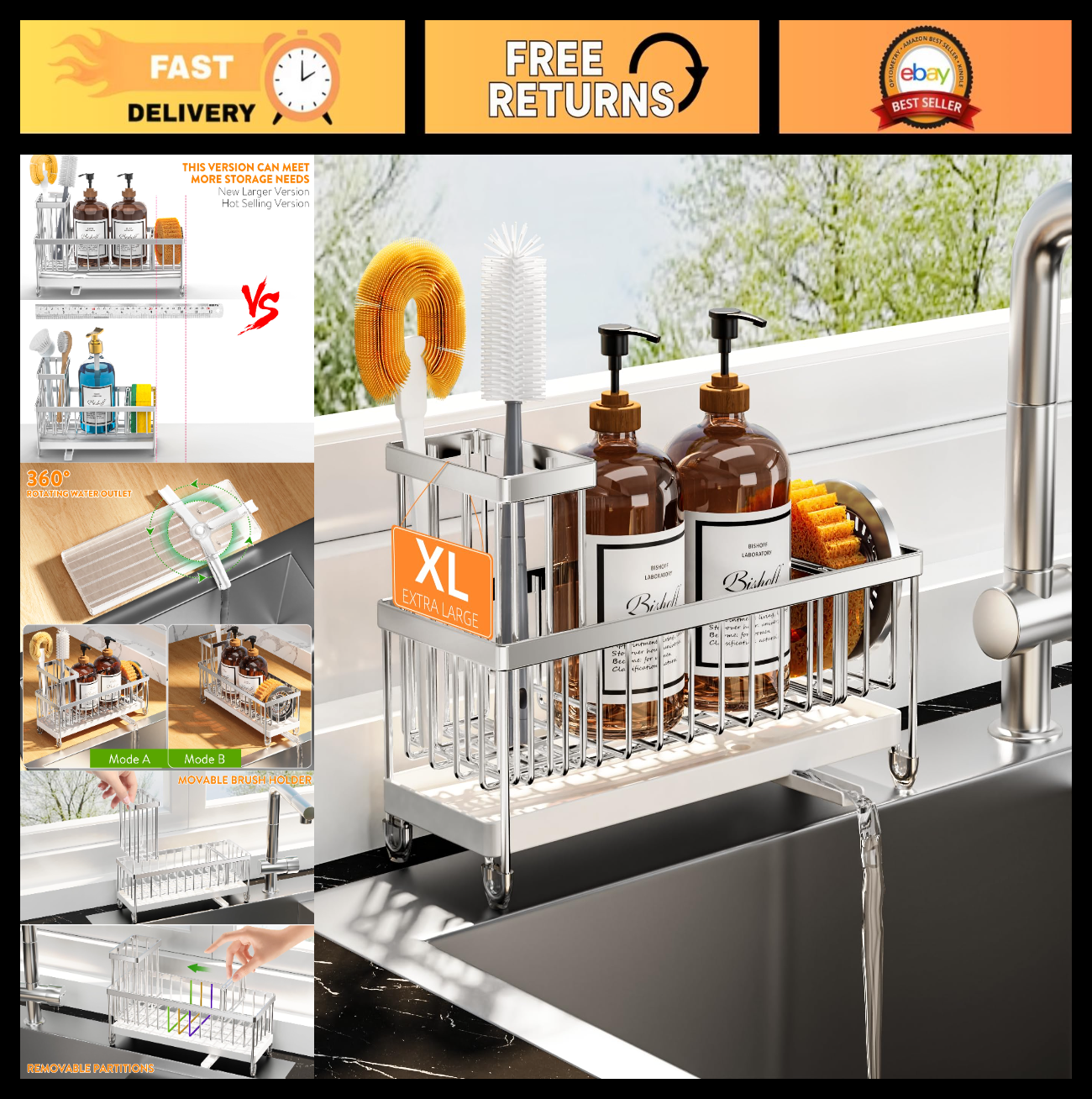 Kitchen Sink Caddy Organizer   Rustproof 304 Stainless Steel Sponge Holder, Larg0