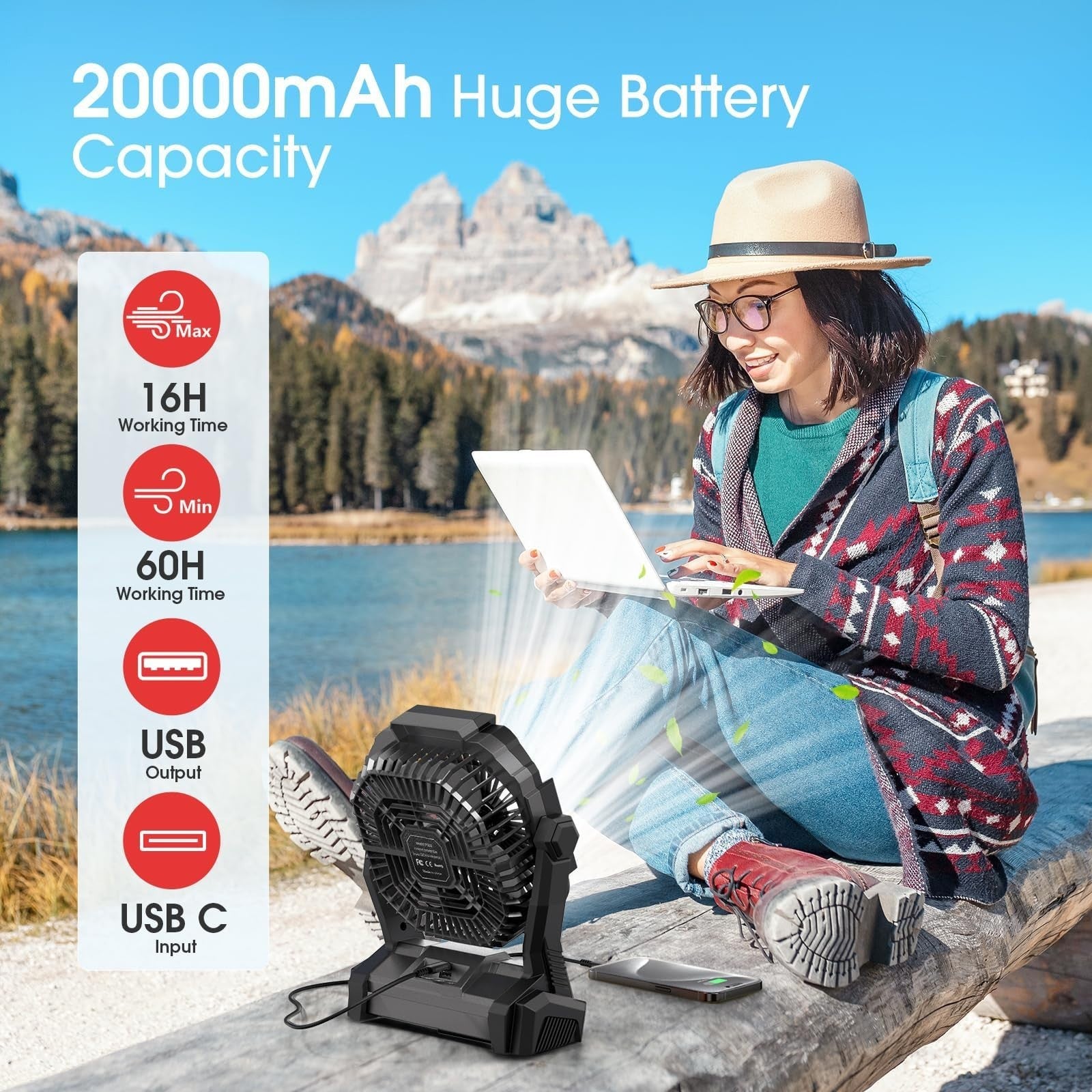 Rechargeable Portable Fan 20000mAh Cordless Battery Operated LED Lantern for Cam2