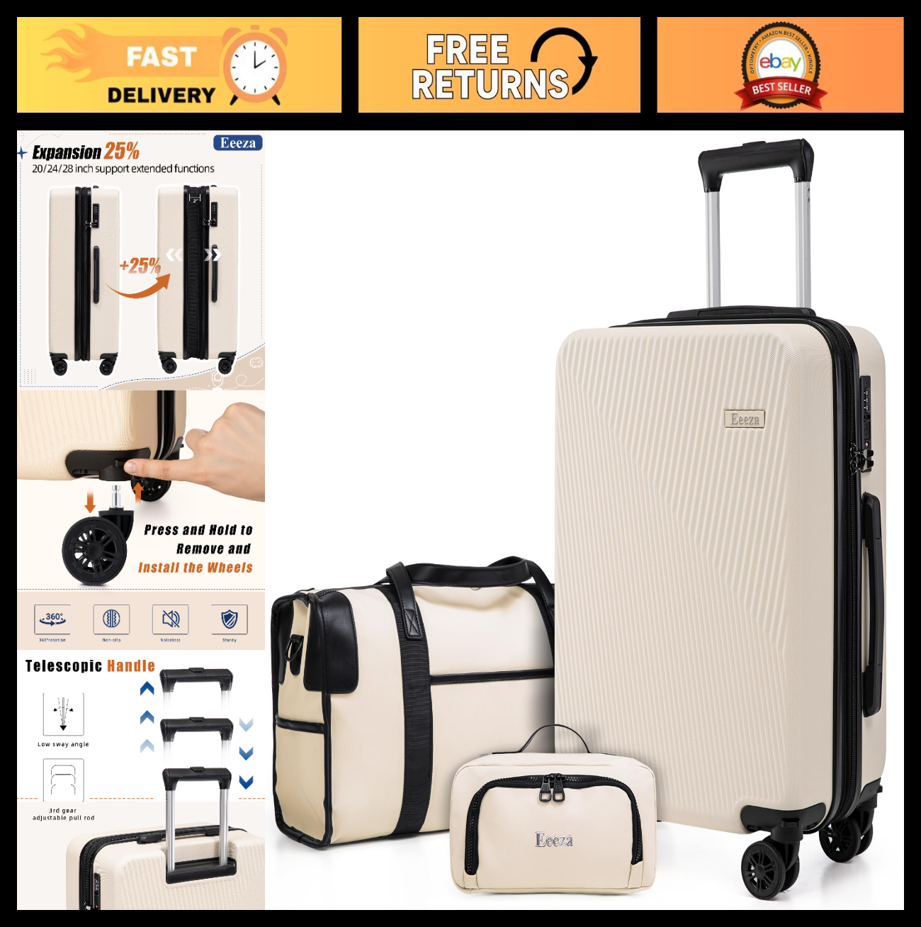 3-Piece Hardcase Carry-On Luggage Set - 20" Beige, Scratch Resistant, Spinner Wh0