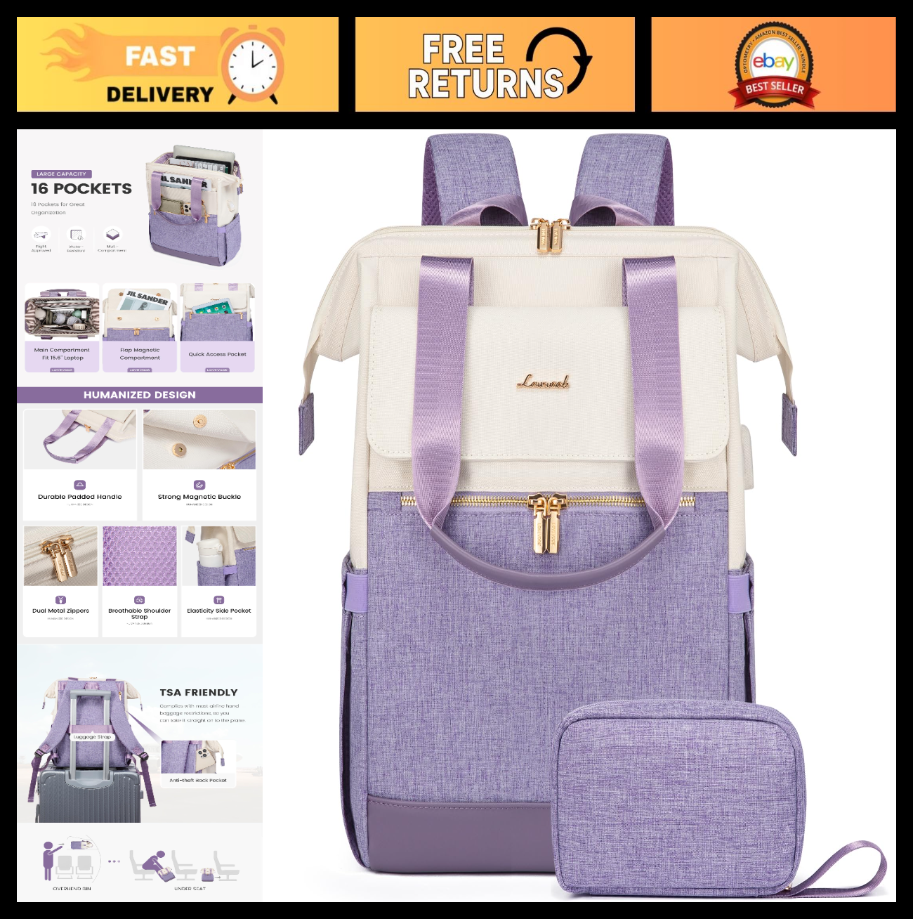 Stylish 15.6" Laptop Backpack for Women, USB Port, Waterproof Travel Bag, 2PCS0