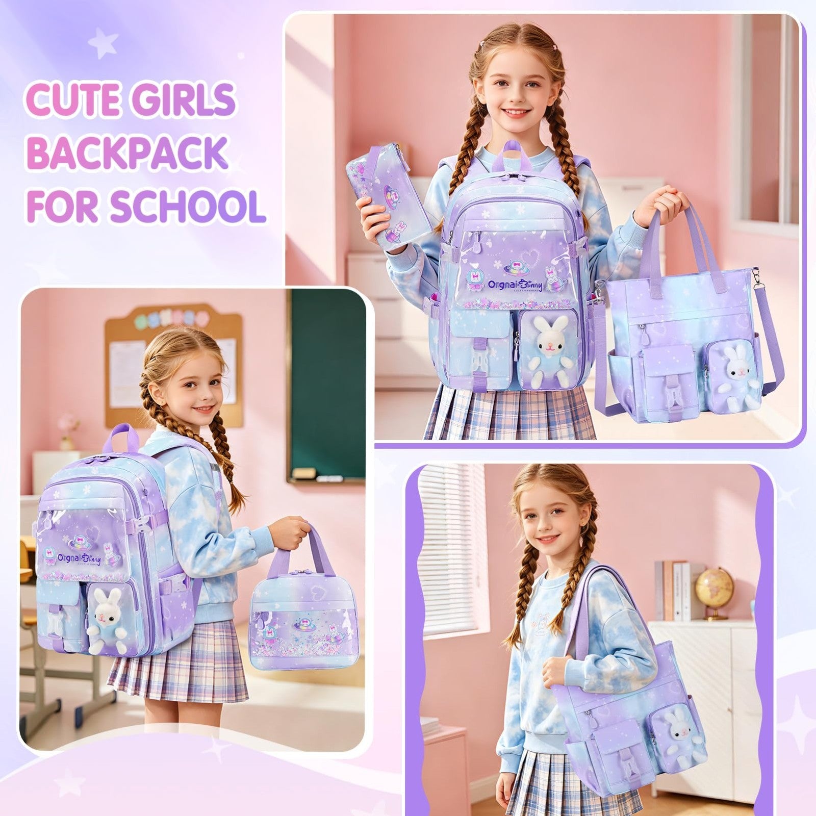 Kawaii Bunny Girls Backpack Set, 4PCS School Bags with Tote, Lunch Box & Pencil7