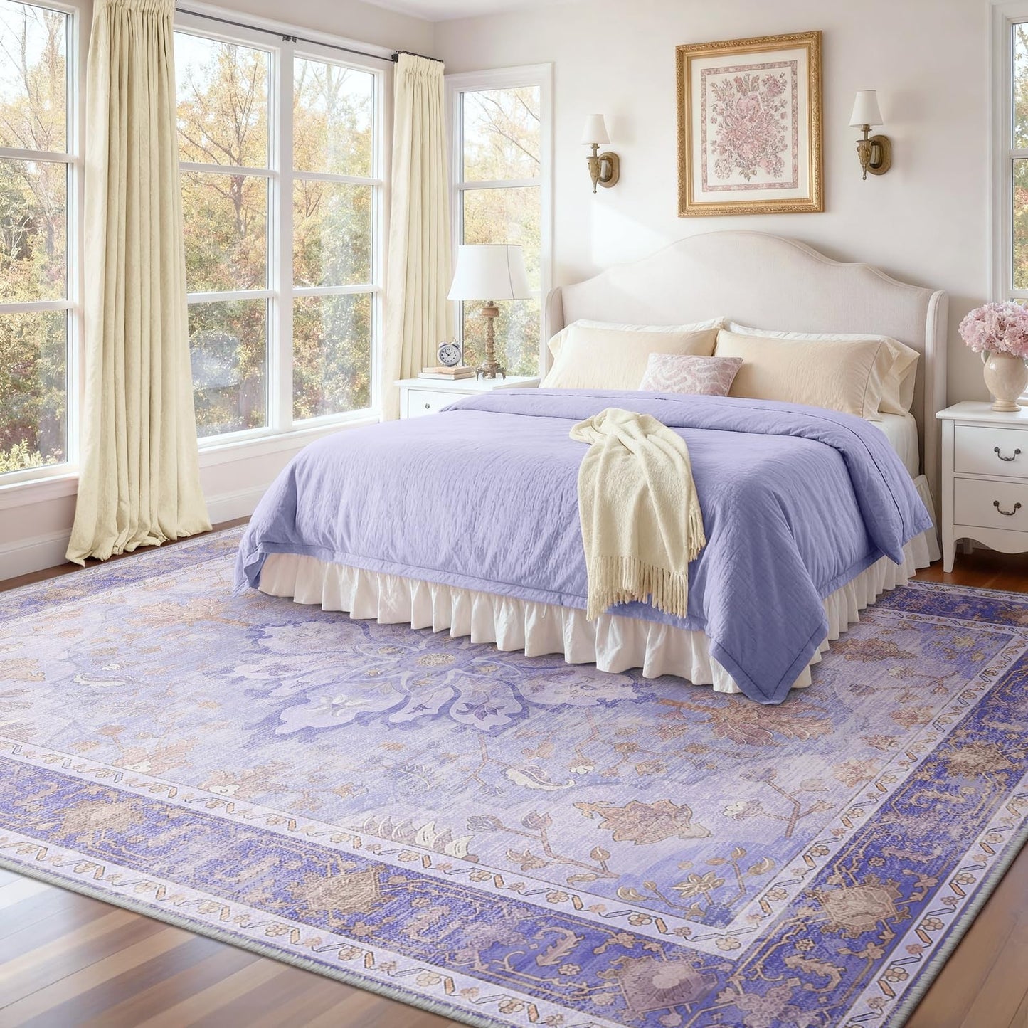 Washable 8'x10' Area Rug   Purple Vintage Floral, Non Slip, Pet Friendly, Easy C1