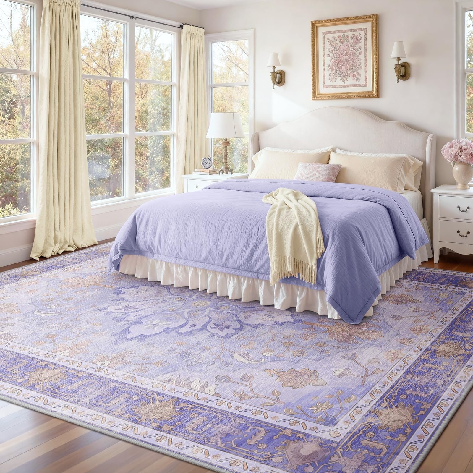 Washable 8'x10' Area Rug   Purple Vintage Floral, Non Slip, Pet Friendly, Easy C1