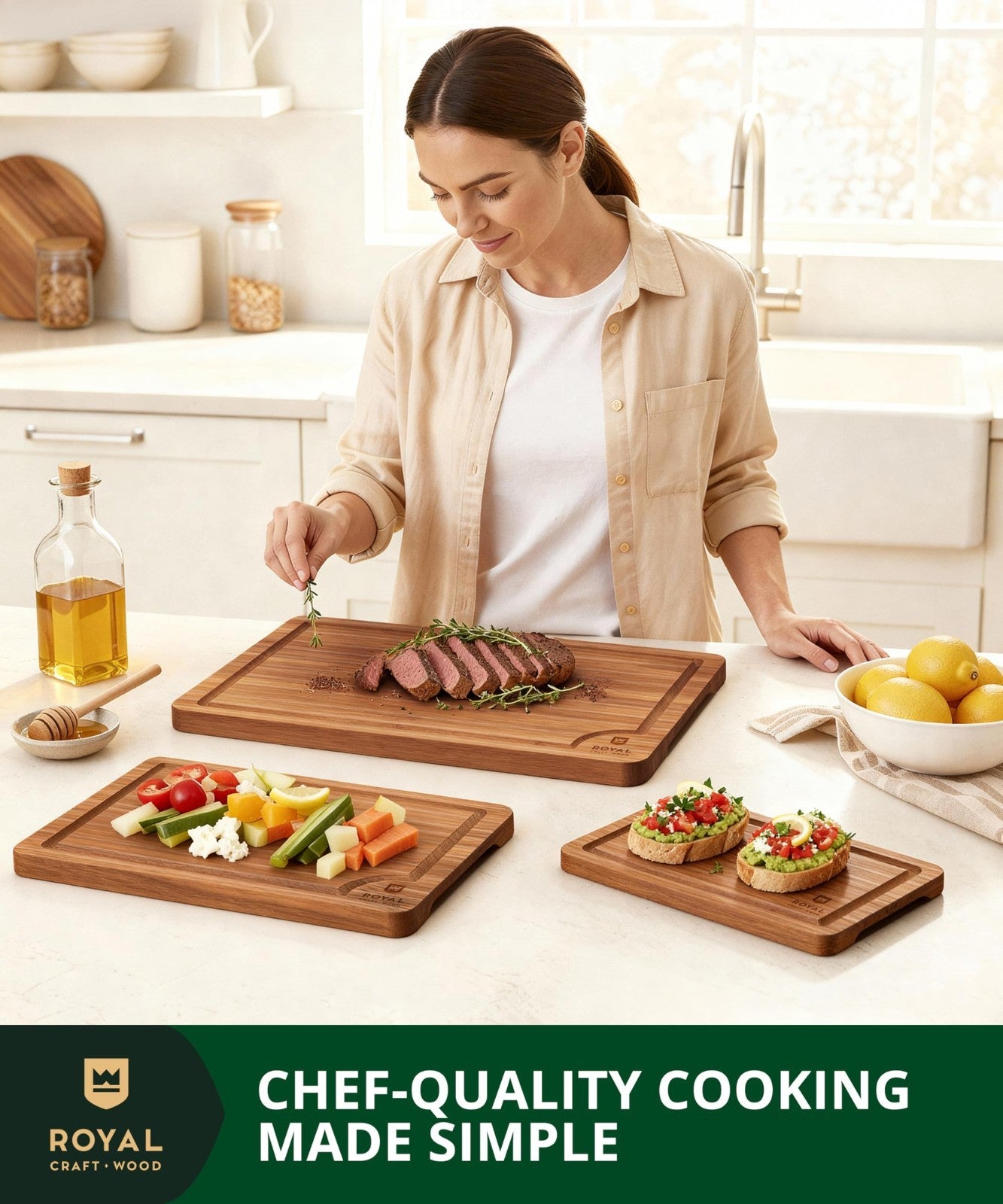 Wooden Cutting Boards Set   Bamboo Kitchen Prep & Serving Board with Juice Groov4