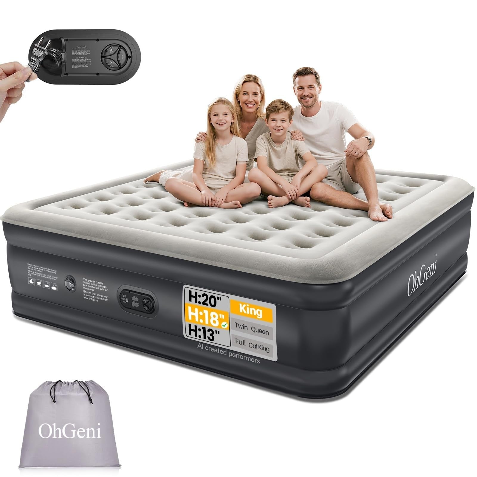King Size Air Mattress with Built in Pump, 18" Inflatable Bed, 1000lb Capacity,1