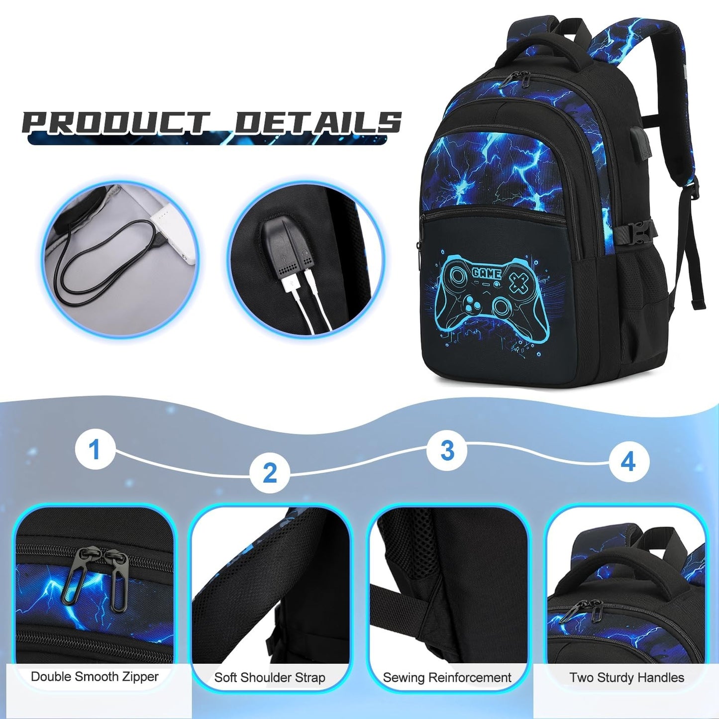 Cool Luminous Gamer Backpack for Boys, 6PCS Set with Insulated Water Bottle, Lun8