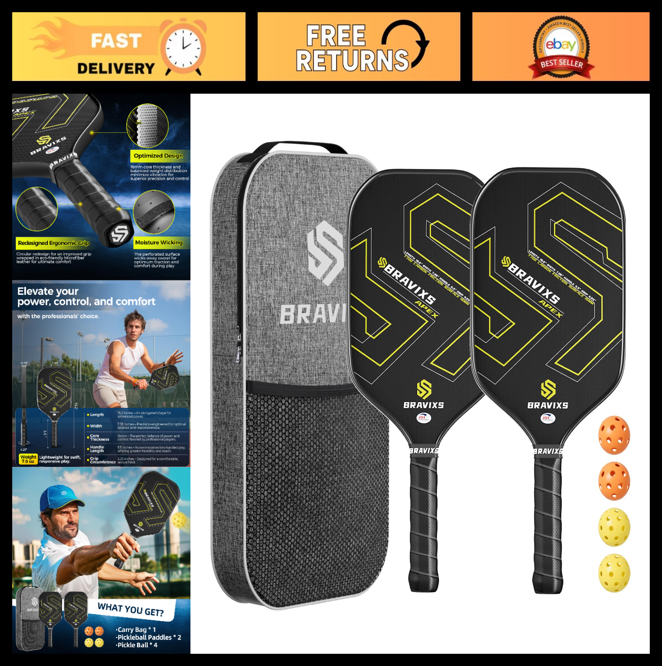 Set of 2 USAPA Approved Pickleball Paddles, T700 Carbon Fiber, 4 Balls & Bag0