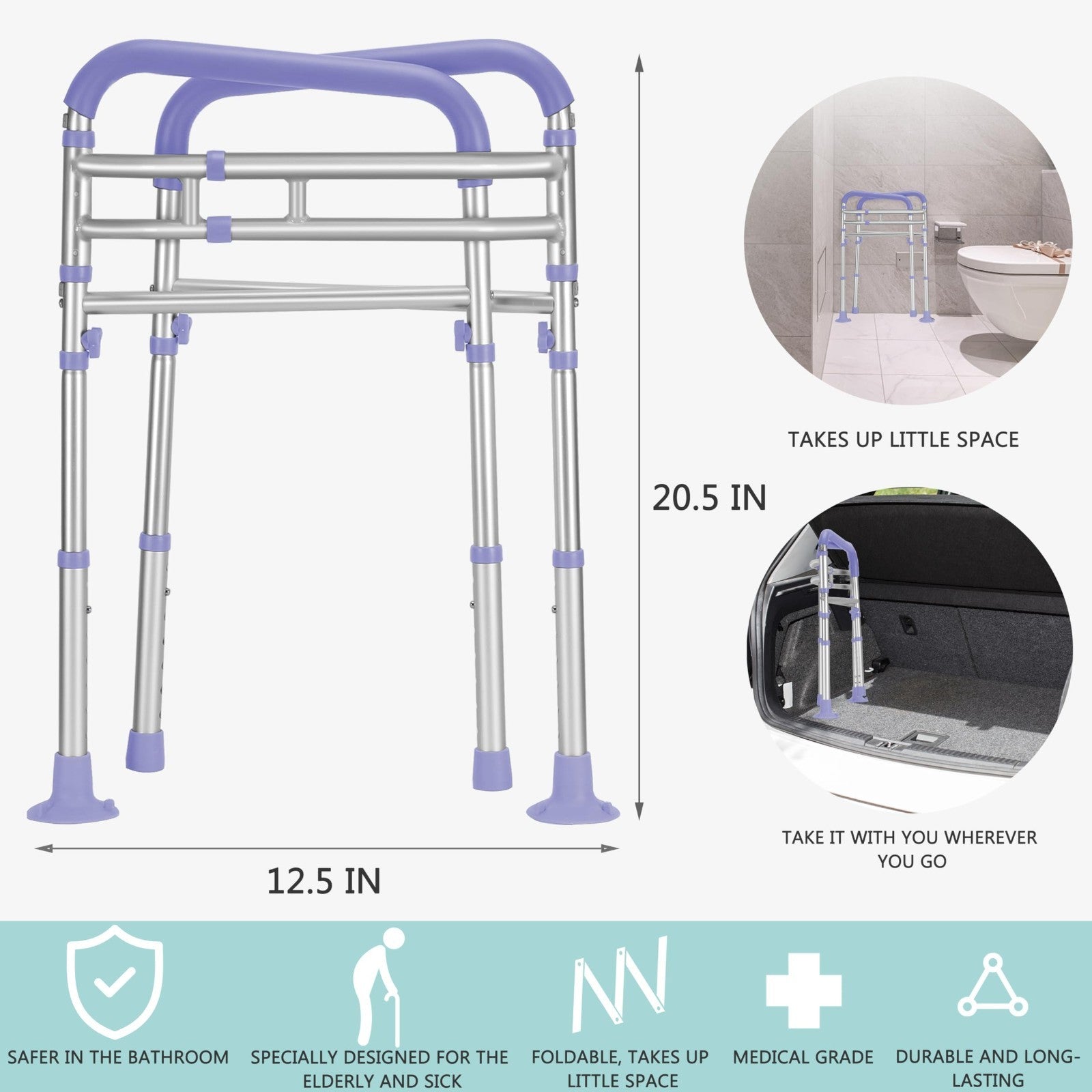 Adjustable Toilet Safety Rails, 350 lbs Capacity, Foldable Design, Fits Most Toi4