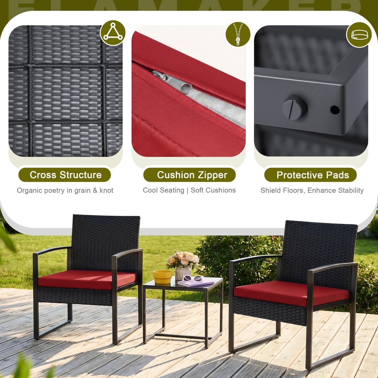 3 Piece Outdoor Wicker Patio Furniture Set   Modern Rattan Bistro Chairs & Table5