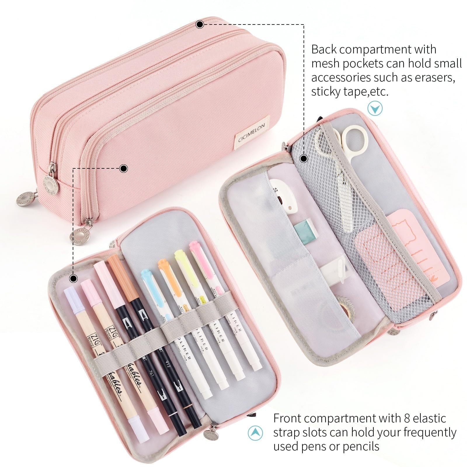 Large Capacity 3 Compartment Pencil Case Pouch for School, Teens & Adults   Pink3