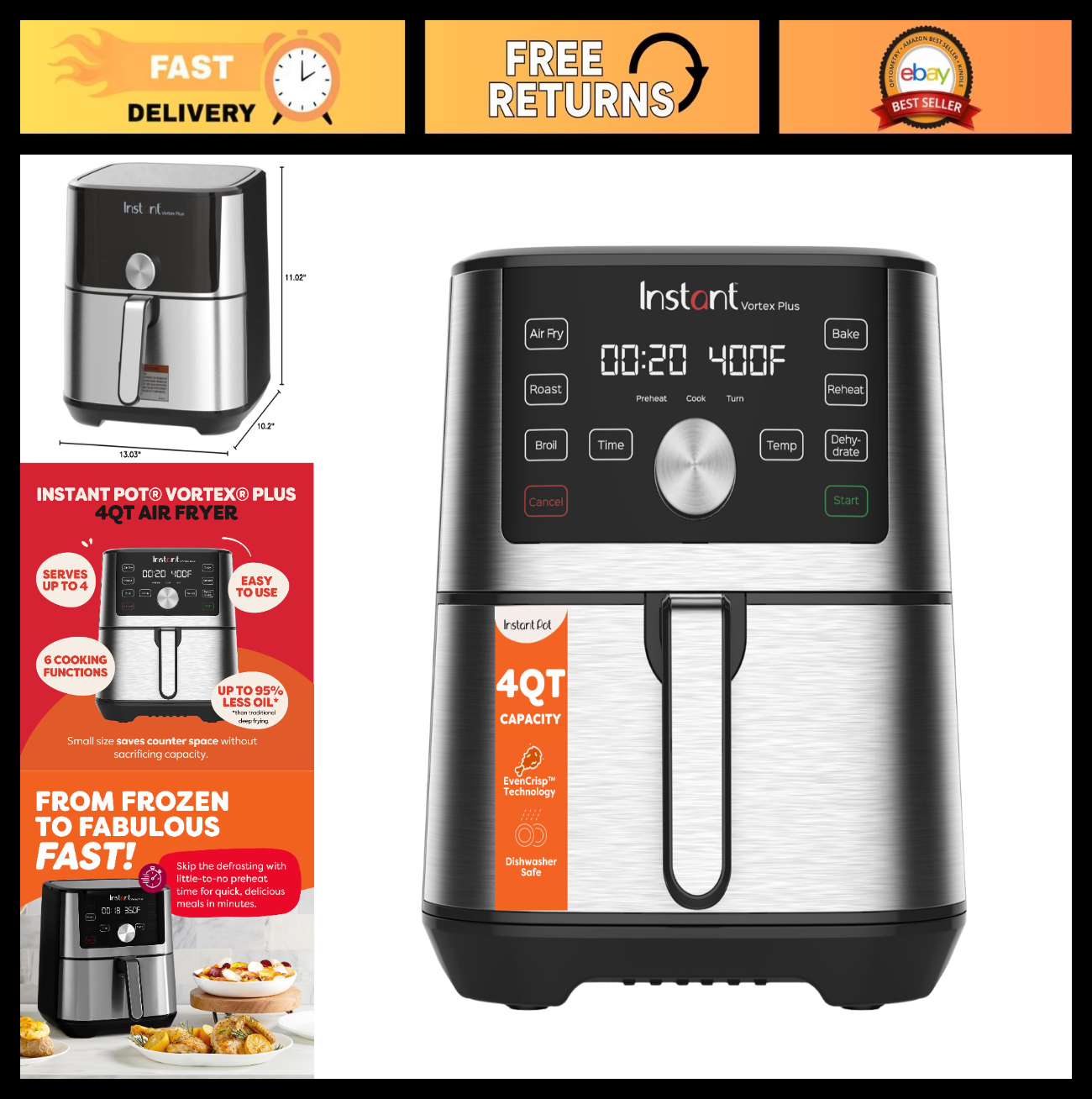 6-in-1 Mini Air Fryer 4QT, Custom Programs, Crisps, Broils, Roasts, Bakes, Recip0