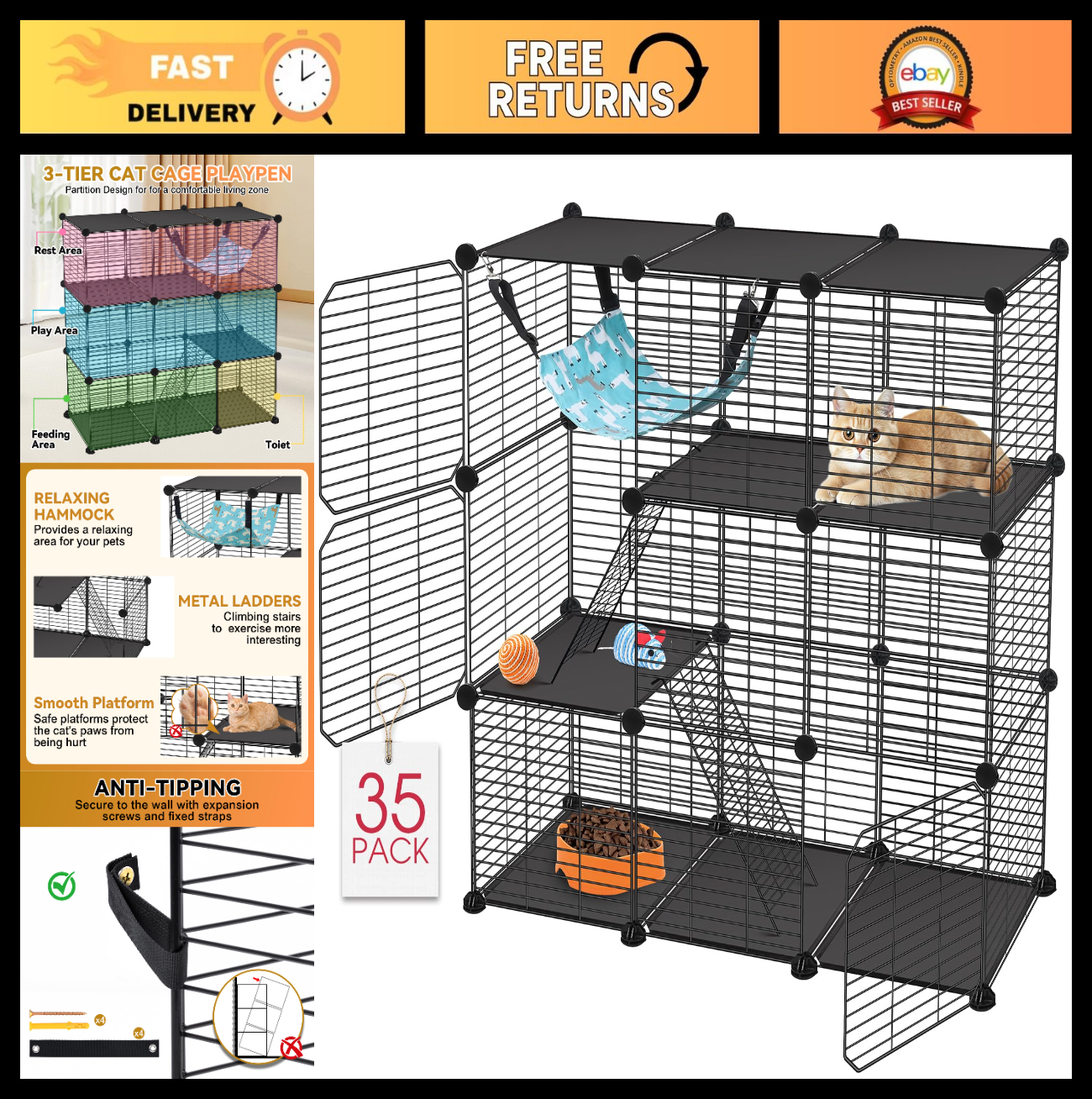 3 Tier Cat Cage Enclosure, 36" Cat Playpen with Hammock, Indoor/Outdoor Pet Crat0