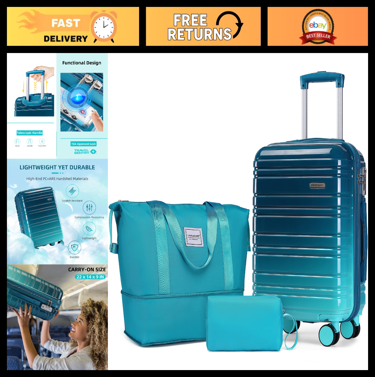 3-Piece Carry-On Luggage Set, 20" Hardshell Suitcase, Lightweight, TSA Lock, Duf0