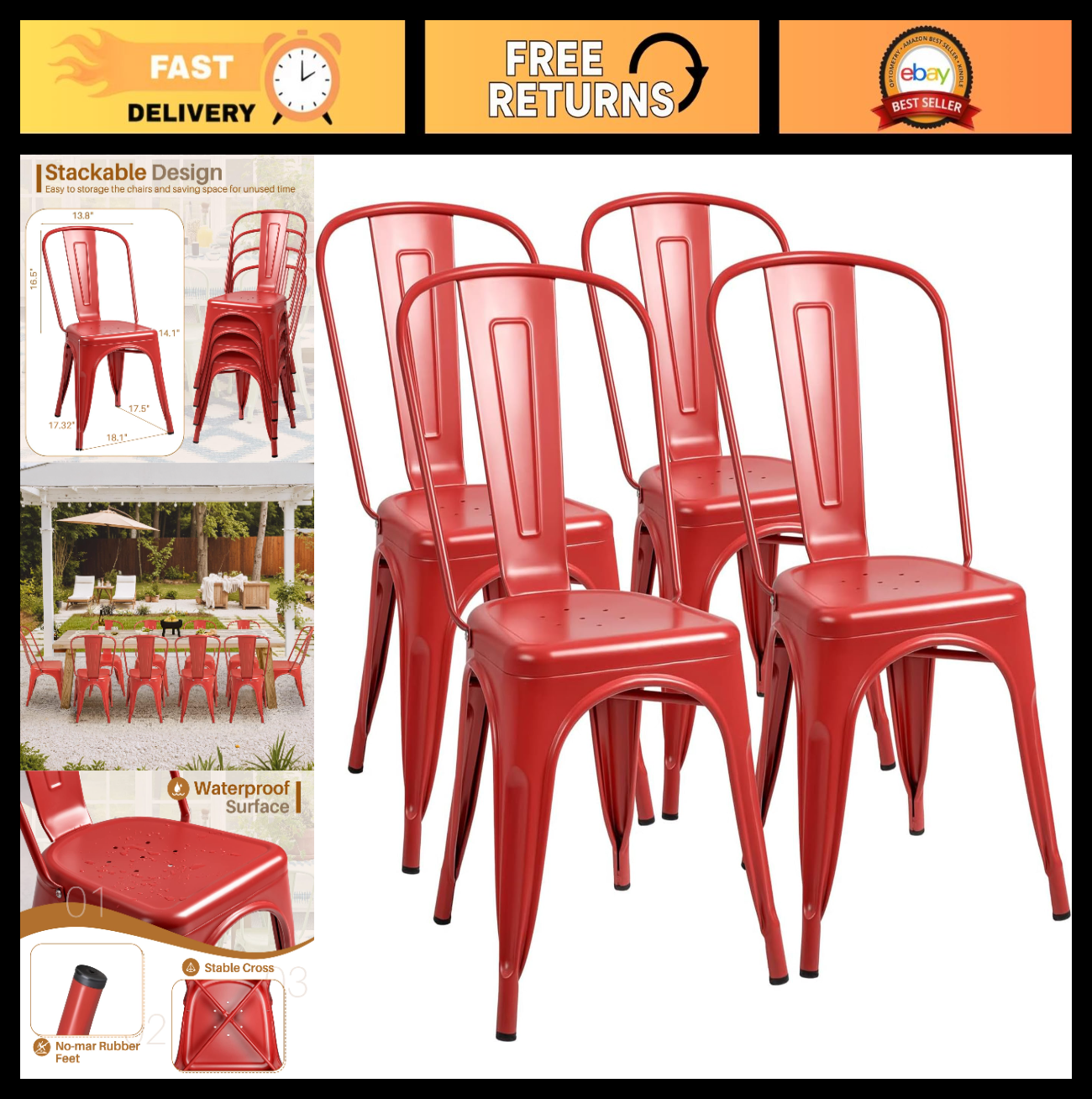 Stackable Metal Dining Chairs Set of 4   Indoor Outdoor Bistro Cafe Side Chairs0