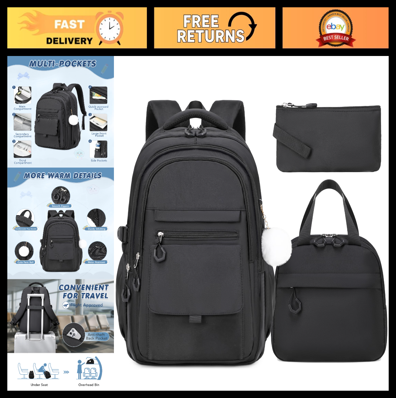 Girls Backpack Set with Lunch Box & Pencil Case   Stylish School Bag for Kids0