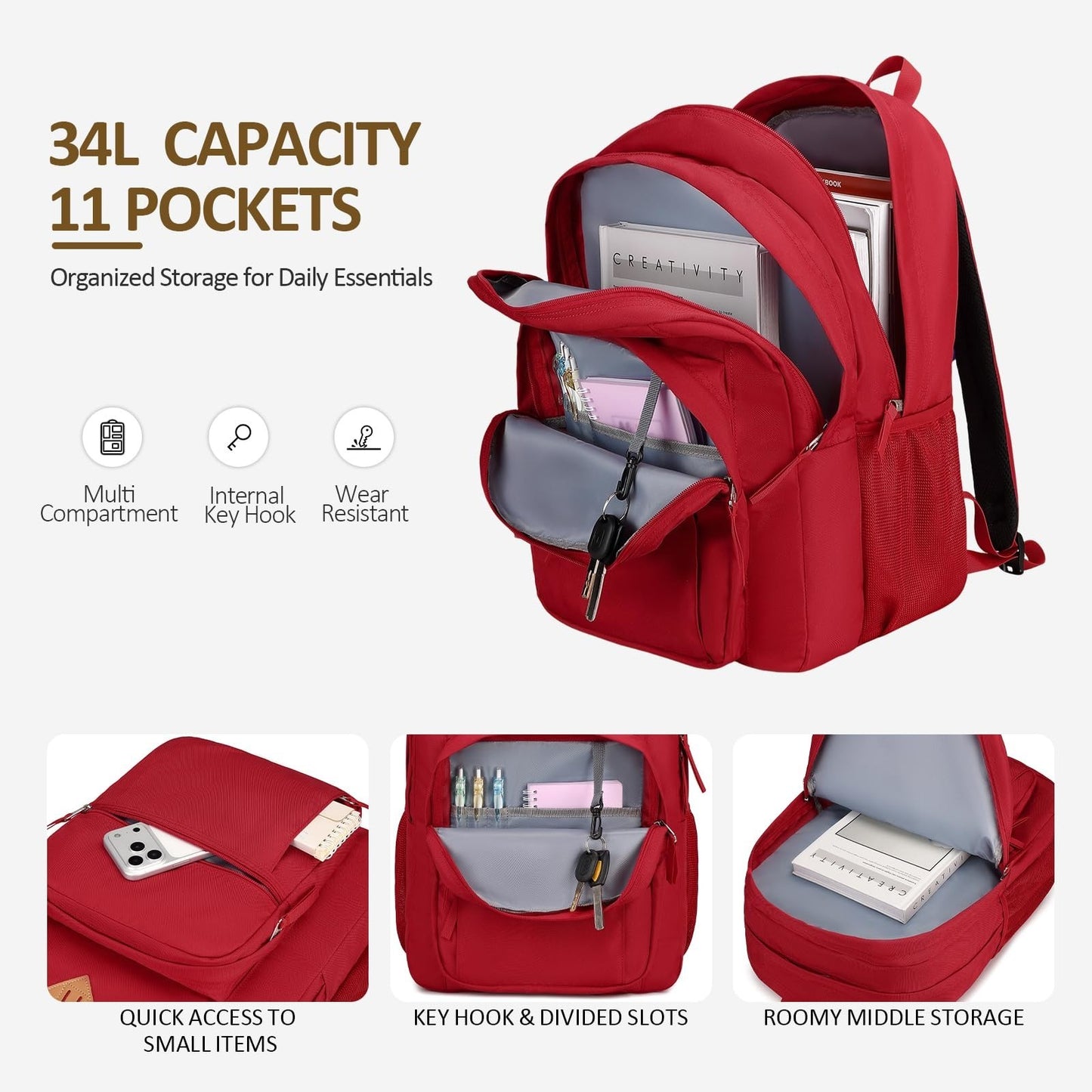 Water Resistant Large Solid Color Backpack for College, School, Travel   Red3