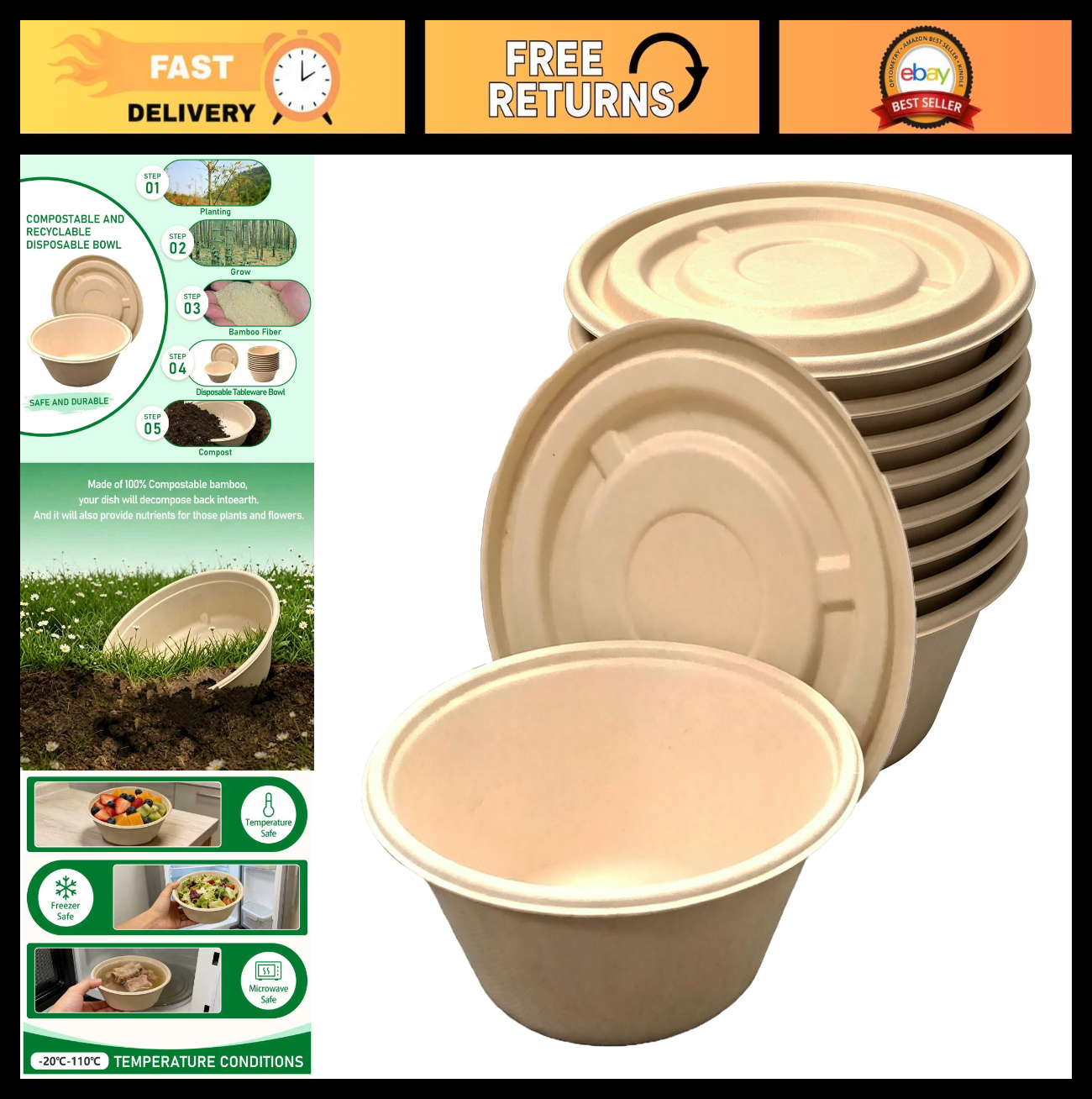 100 Pack 25 oz Heavy Duty Disposable Soup Bowls with Lids | Microwave Safe Ramen0