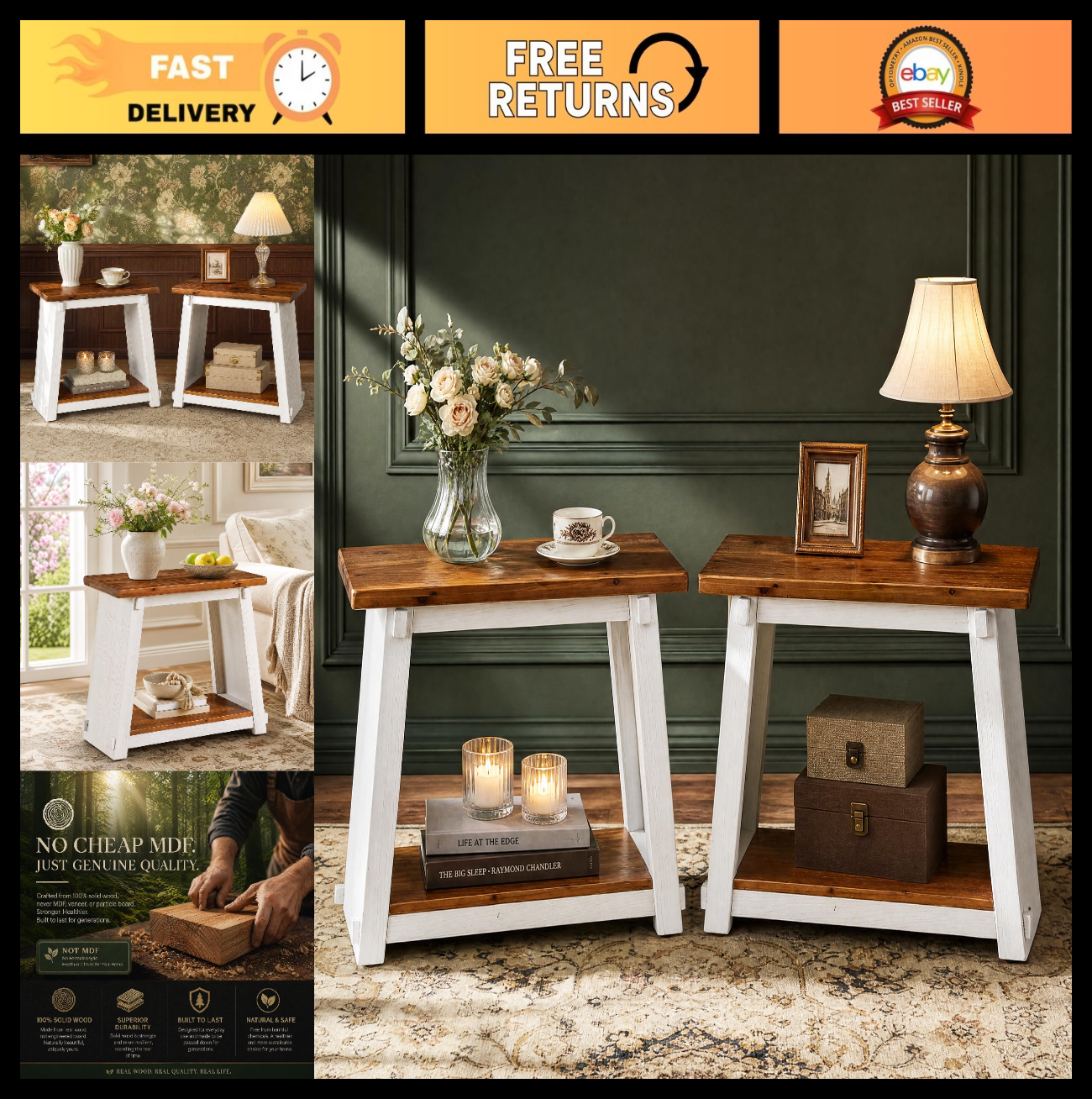 Set of 2 Solid Wood End Tables - 2 Tier Rectangle Side Tables with Shelf, Rustic0