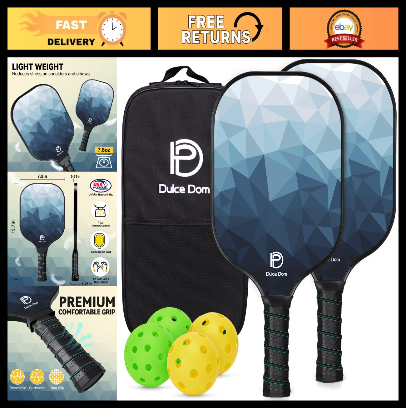 Pickleball Paddles Set of 2/4 - USAPA Approved Fiberglass Graphite Rackets & Bag0