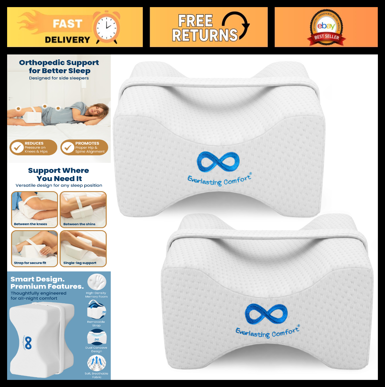 Memory Foam Knee Pillow for Side Sleepers   Sciatica Pain Relief, Adjustable Str0