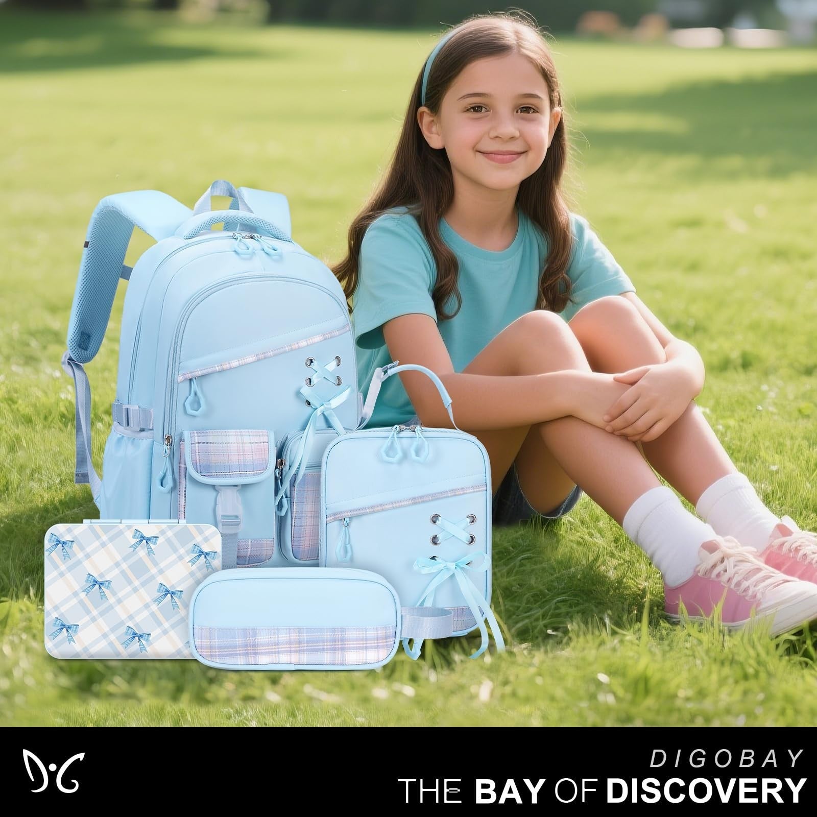 Girls Backpacks Set   6PCS Plaid School Bag with Bento Box, Lunch Bag & Pencil P2