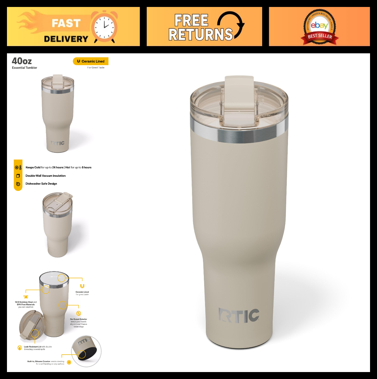 40oz Insulated Tumbler with Lid   Ceramic Lined, Double Wall, Travel Cup for Hot0