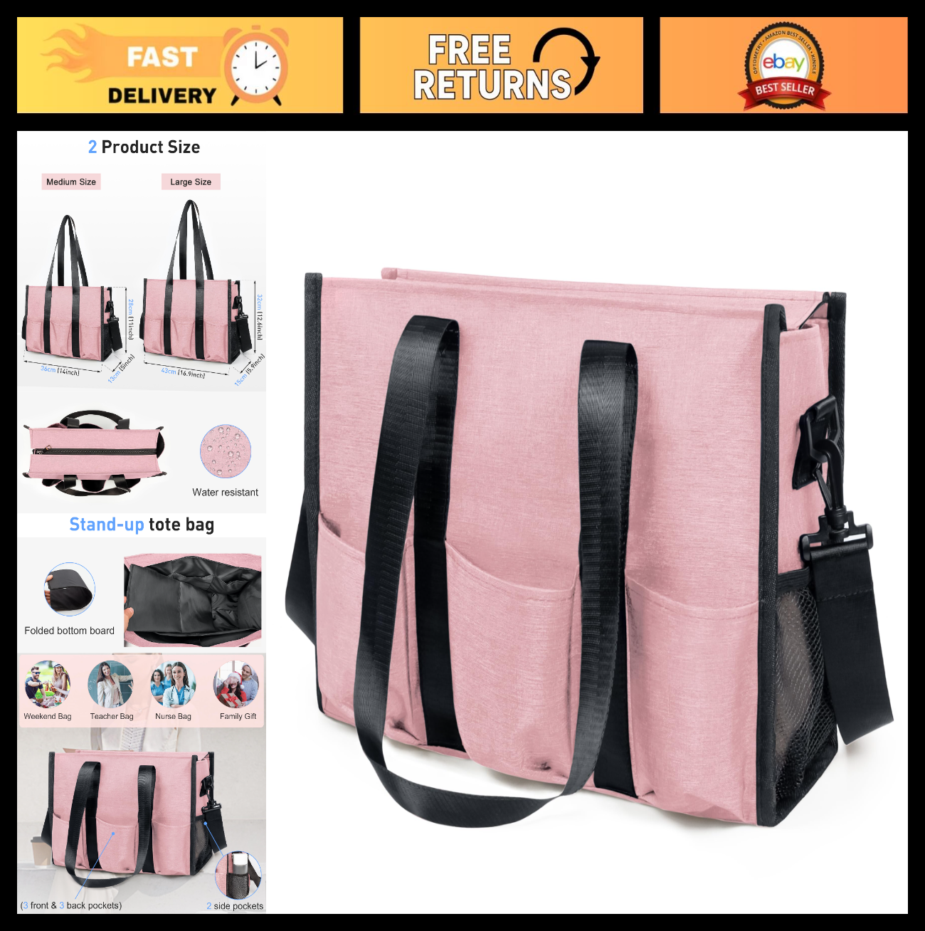 Large Multi Pocket Tote Bag with Compartments, Zippered Work Bag for Men & Women0