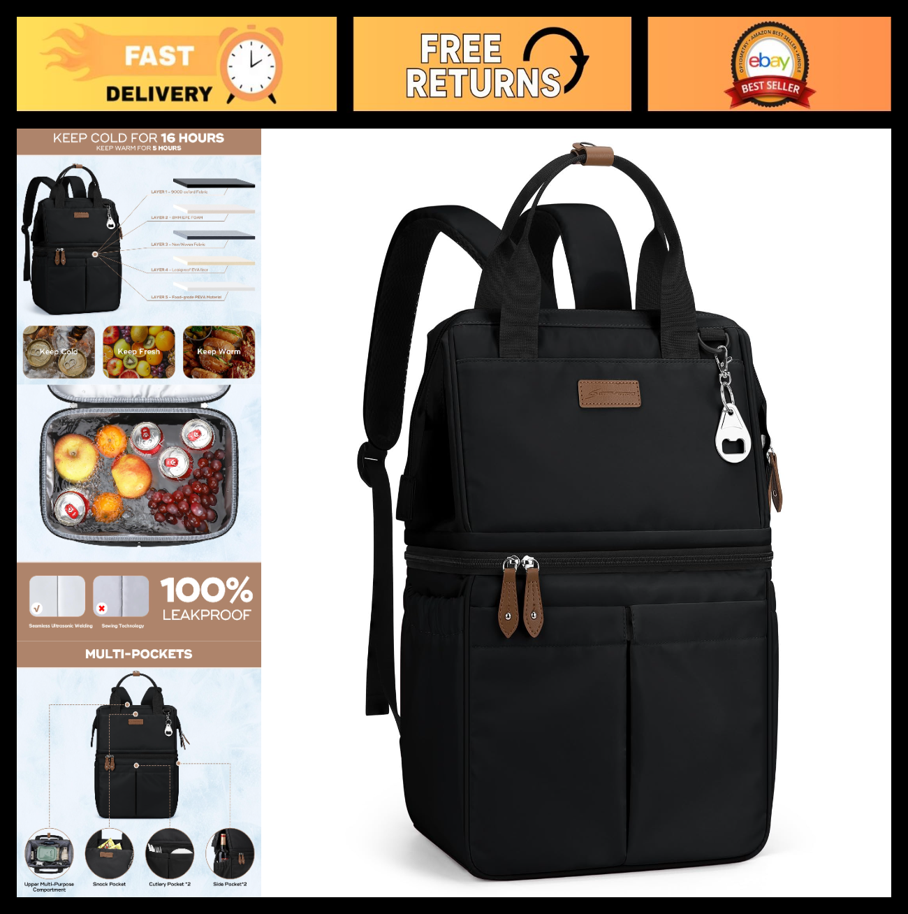 Insulated Cooler Backpack - 36 Can Leakproof Lunch Bag, Lightweight & Ergonomic0