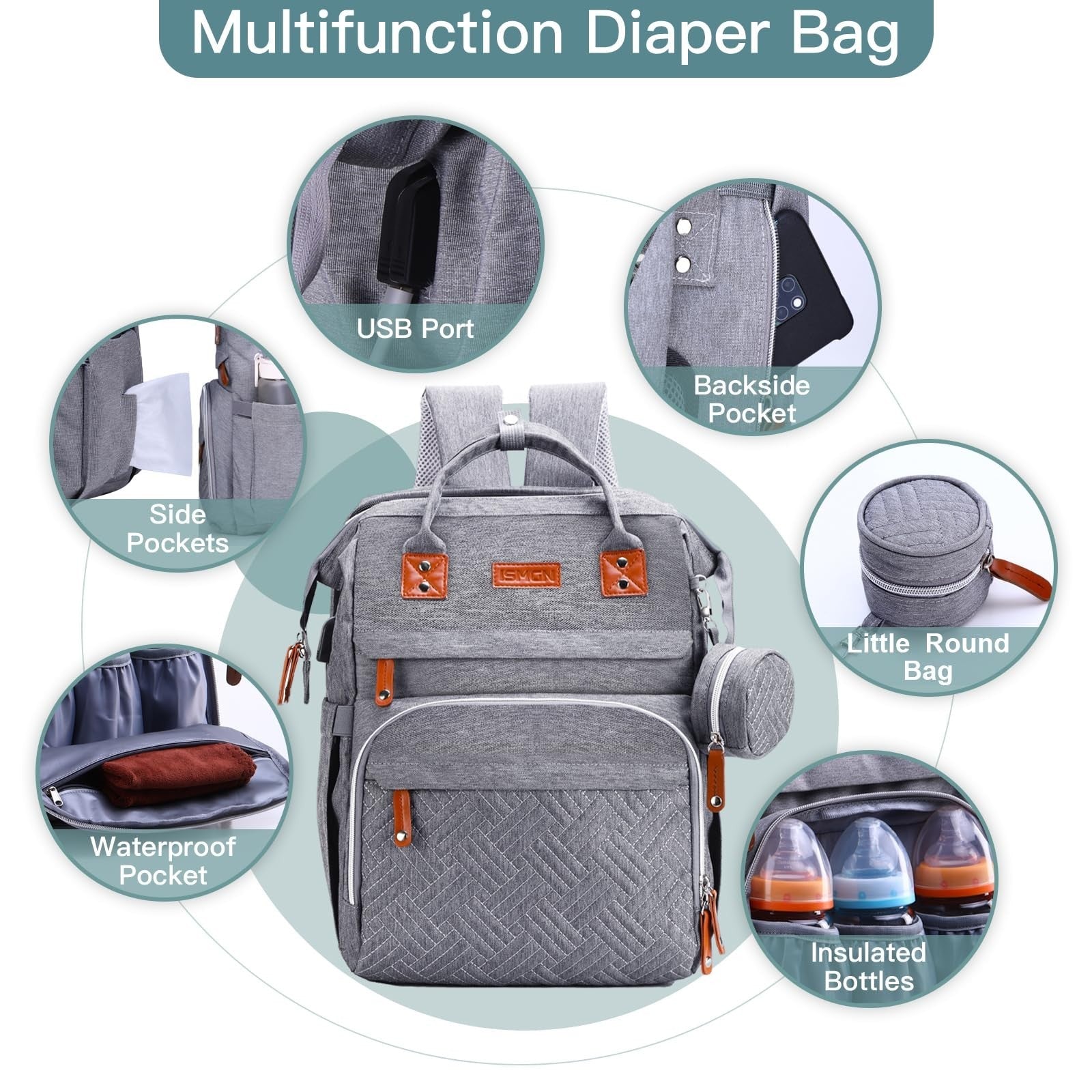 Diaper Bag Backpack with Changing Station   Stylish Baby Bag for Moms, Grey3