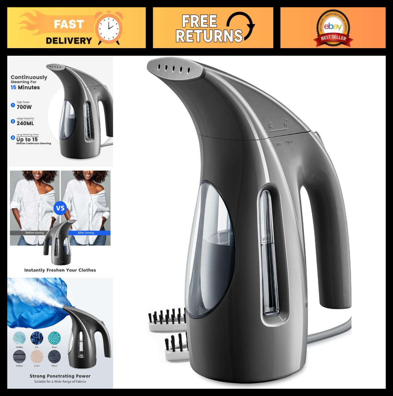 Portable Handheld Clothes Steamer, 240ml Capacity, 700W, Powerful Wrinkle Remove0