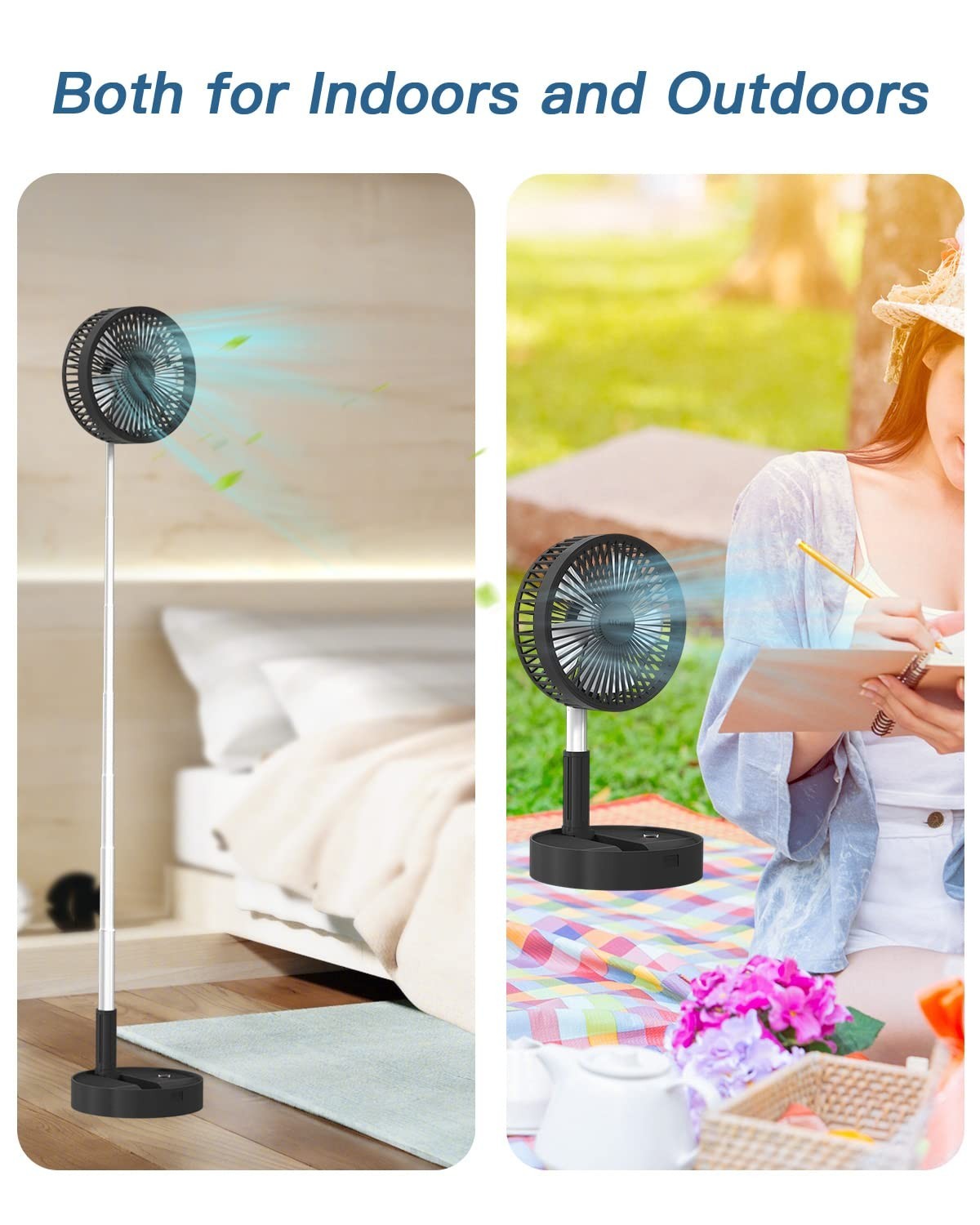 Portable Folding Stand Fan, USB Rechargeable 7200mAh, 4 Speed Adjustable Height,5
