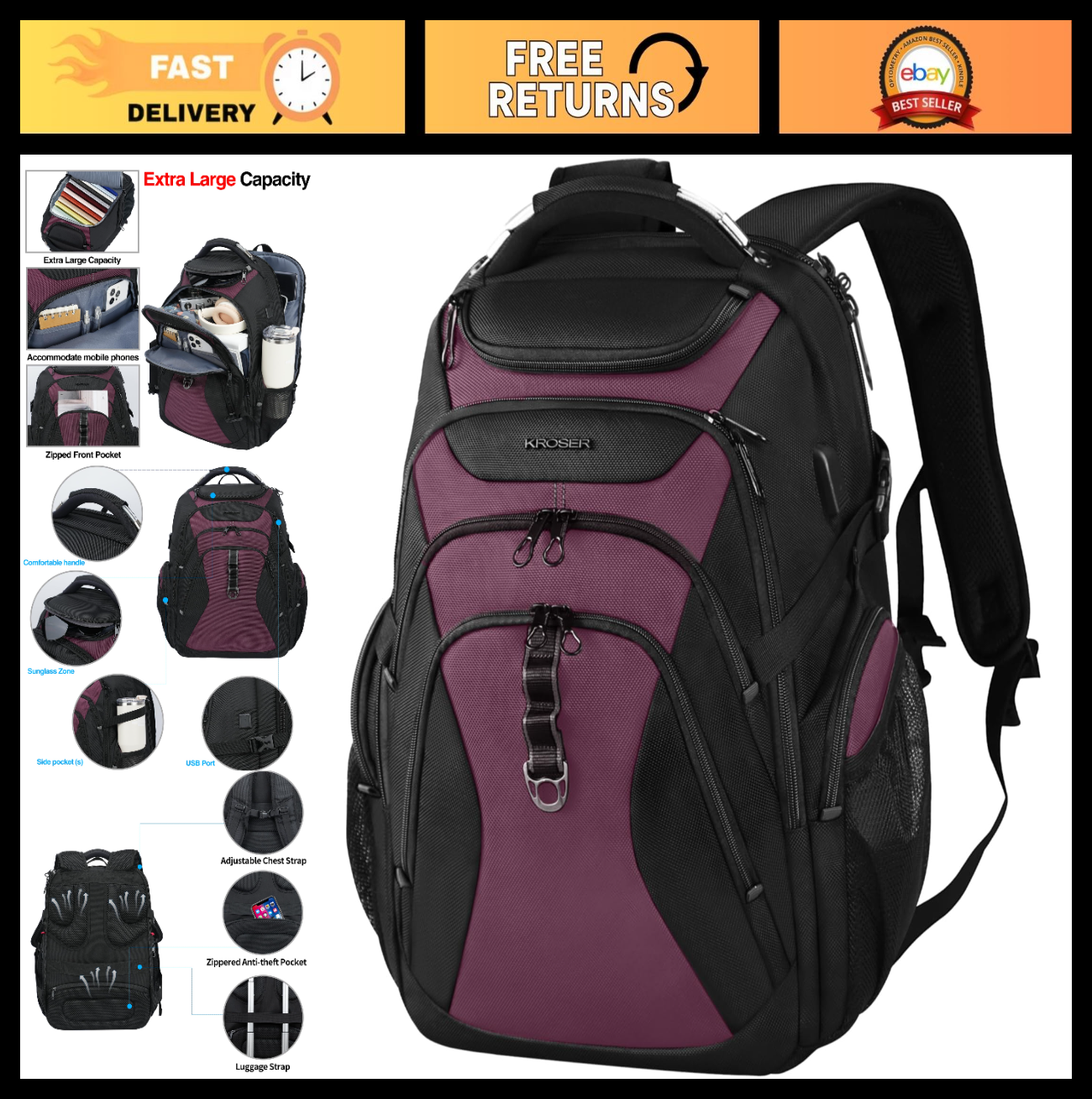 Spacious 18.4" Laptop Backpack for Men   Stylish Black & Burgundy Computer Bag0