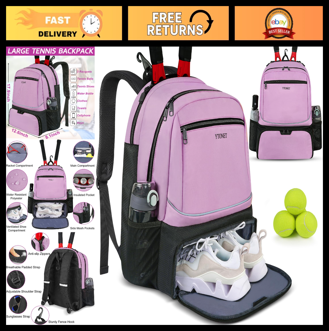 Tennis Backpack for Men & Women - Holds 2 Rackets, Insulated Pocket & Shoe Compa0