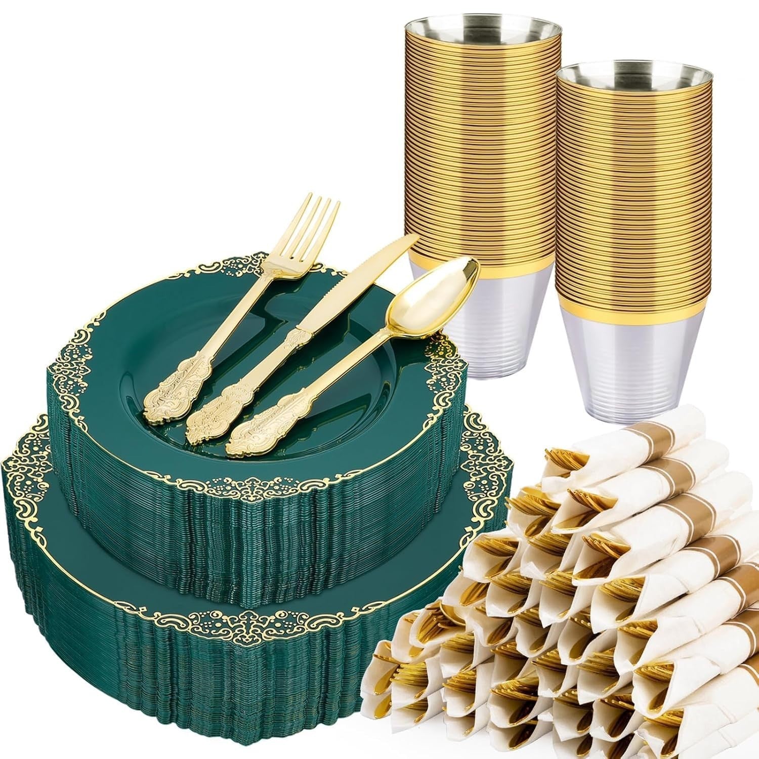 350-Piece Green & Gold Disposable Dinnerware Set for 50 Guests | Plates, Silverw1