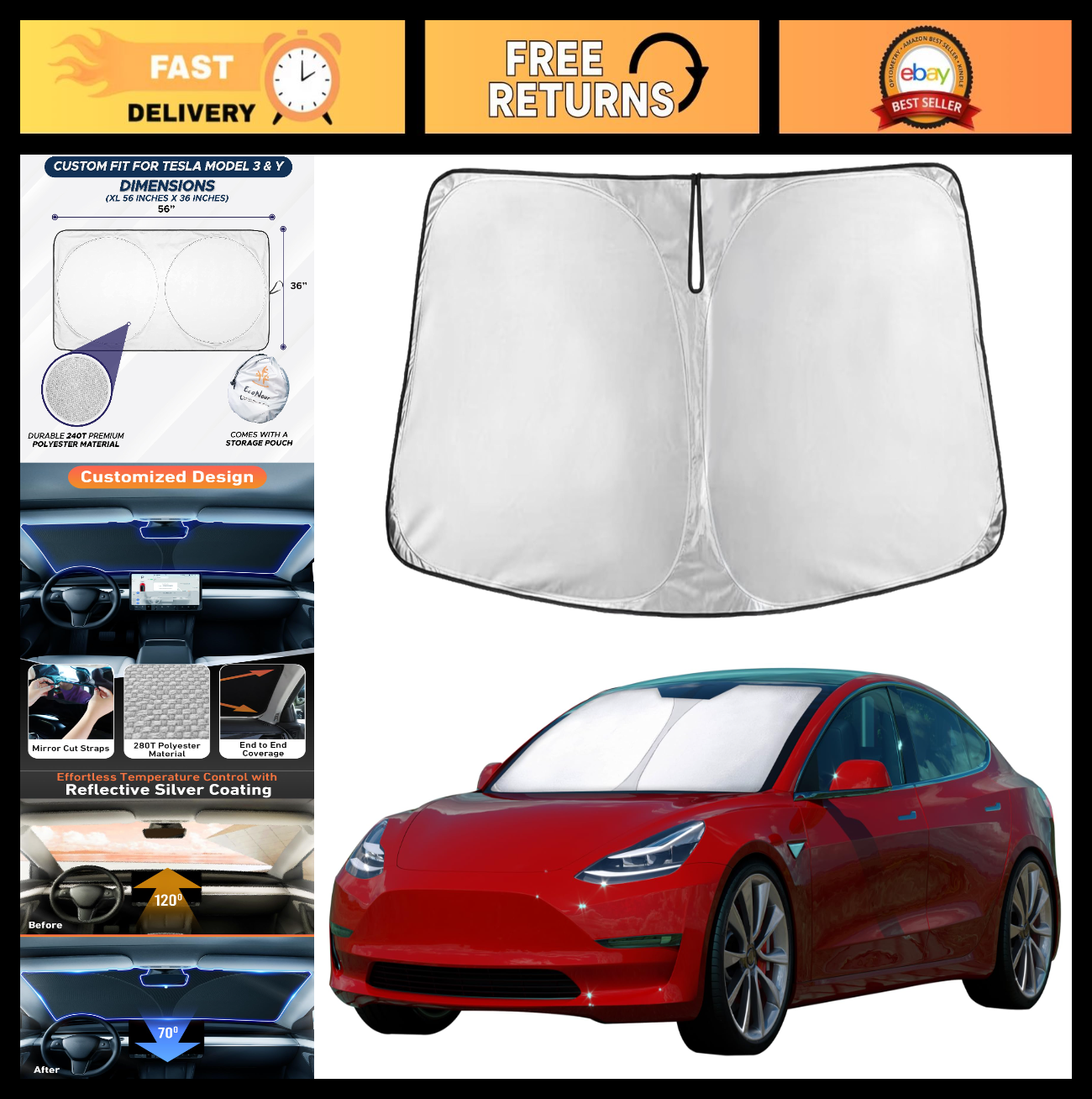 Windshield Sun Shade for Tesla Model 3 & Y 2017 2026, Foldable UV Heat Protector0