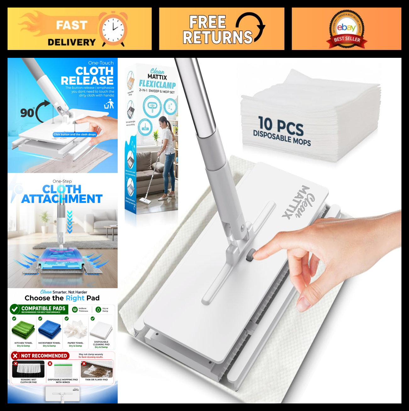 Durable Sweep & Mop Kit for Hardwood, Tile, Marble & Laminate Floors - 10 Dry Cl0