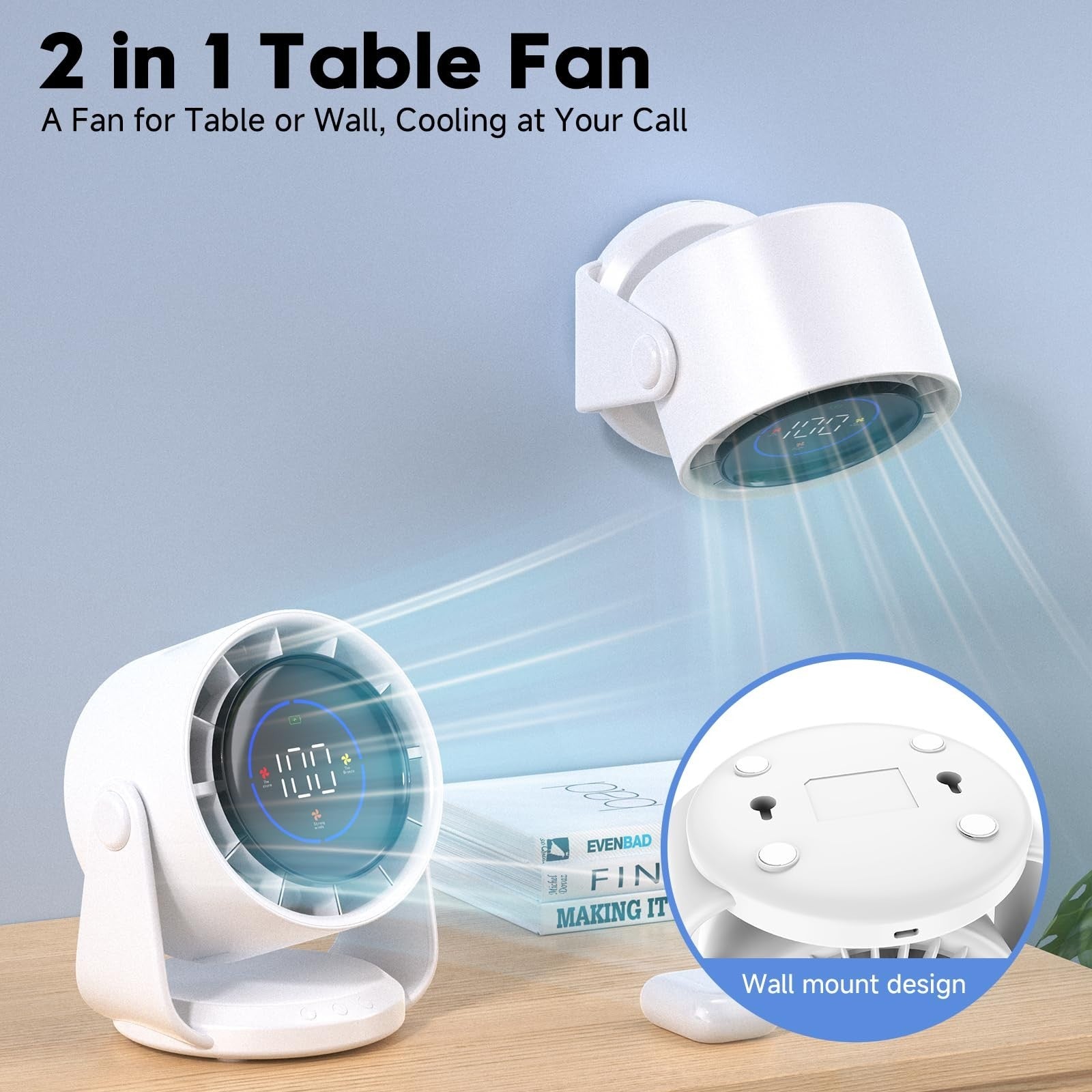 Turbo Table Desk Fan, 100 Speed Digital Display, Low Noise, 7.5" Rechargeable, A2
