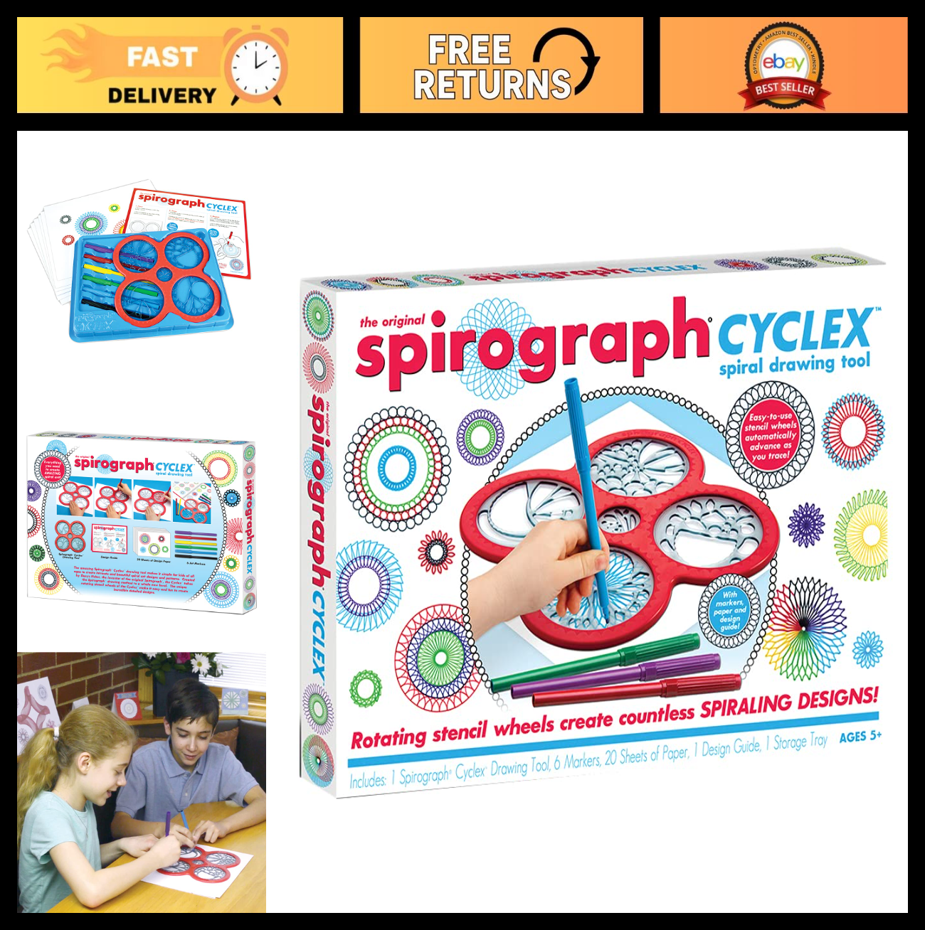 Spirograph Art Kit   Cyclex Set with Rotating Stencil Wheel for Endless Designs,0