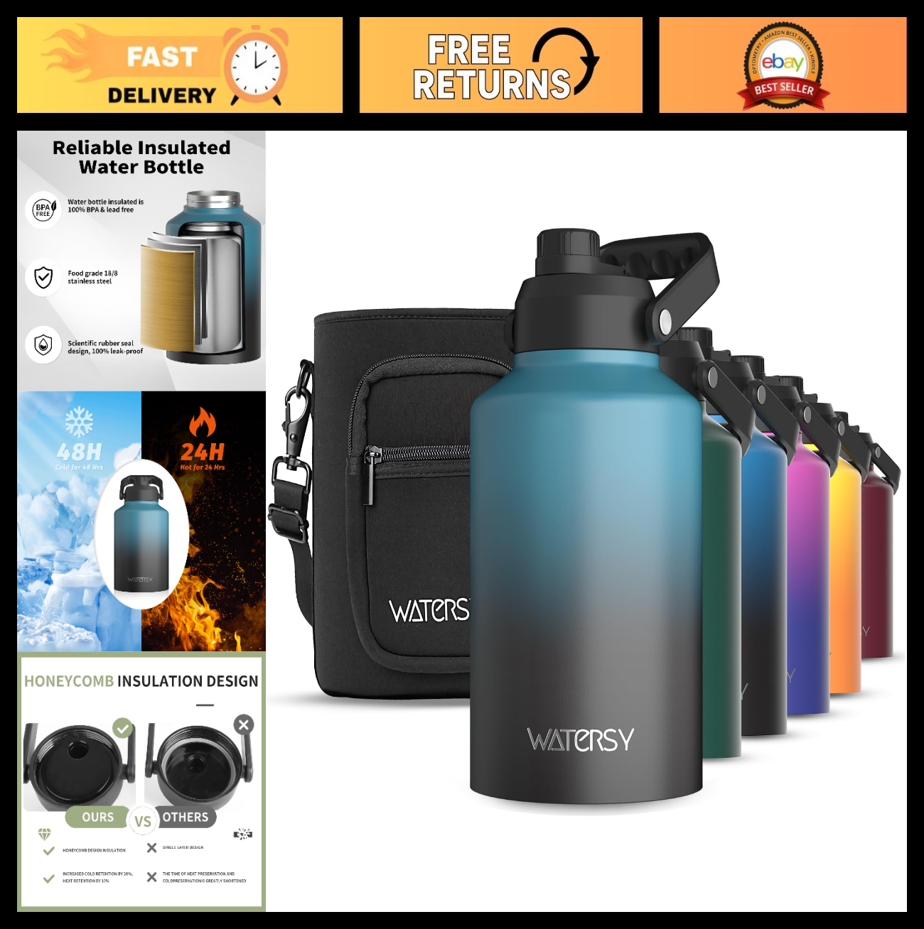 128oz Insulated Water Bottle - BPA Free, Leak Proof, Cold for 48 Hrs, Large Jug0