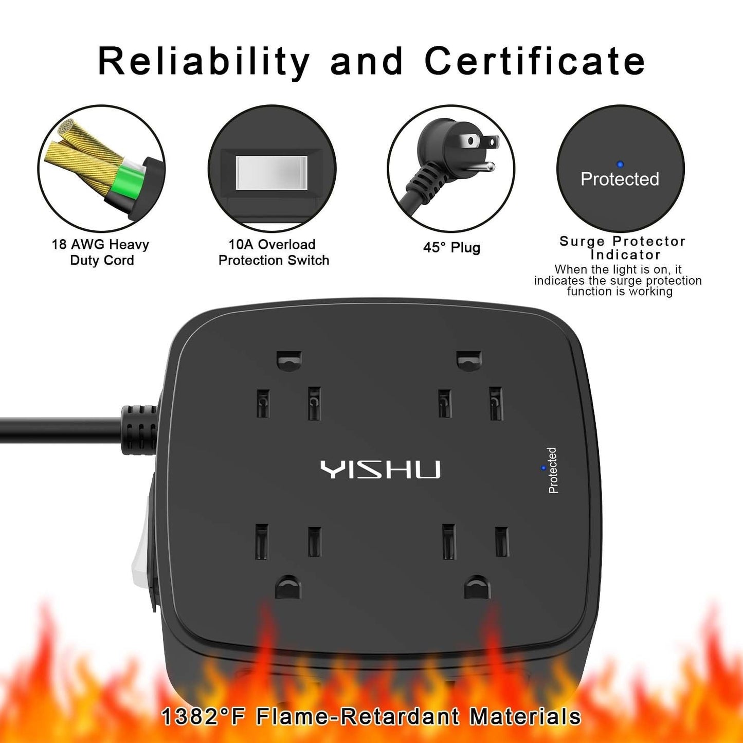 8 Outlet Surge Protector Power Strip with 4 USB Ports, 5ft Extension Cord, Flat5