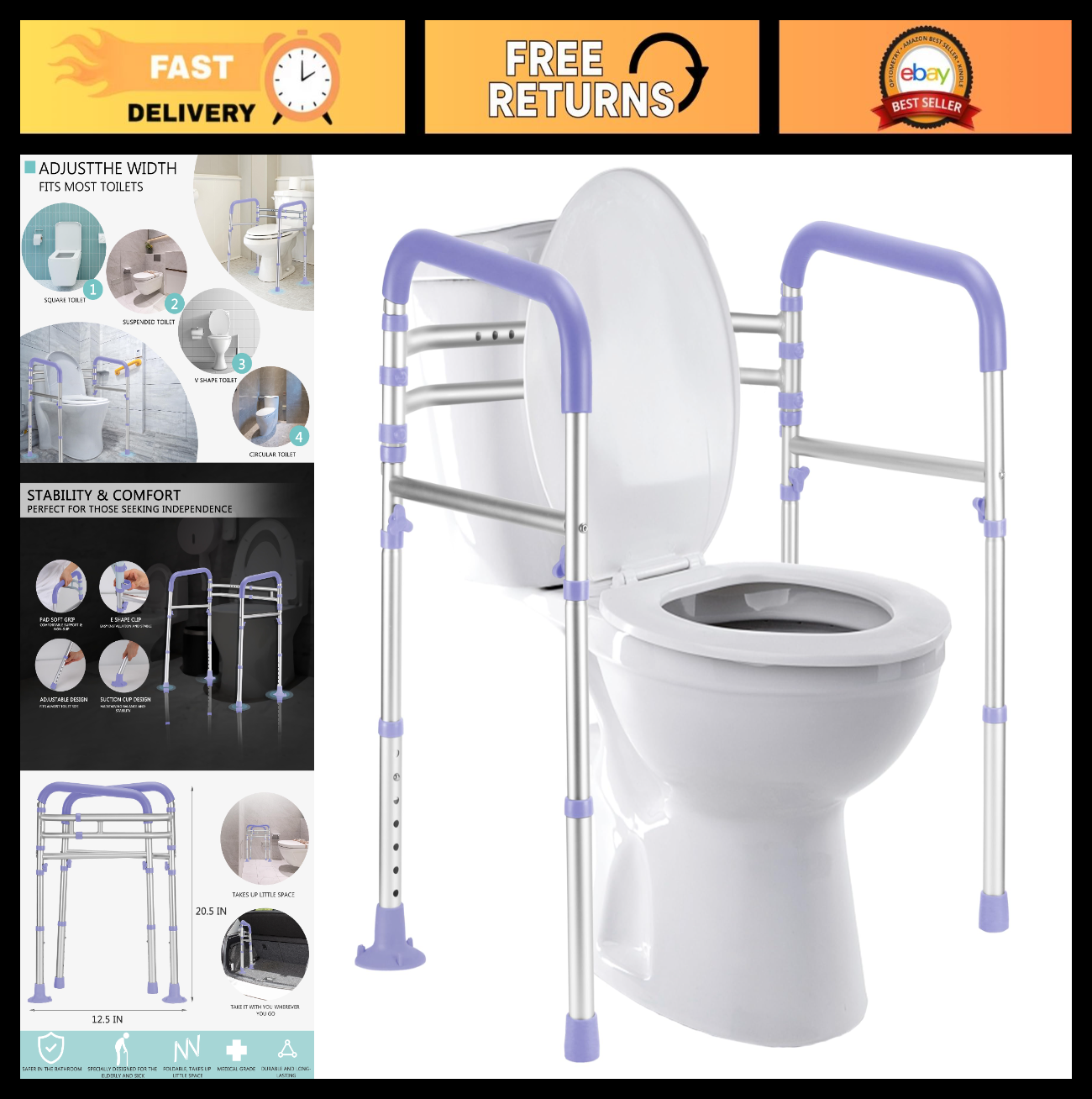 Adjustable Toilet Safety Rails, 350 lbs Capacity, Foldable Design, Fits Most Toi0