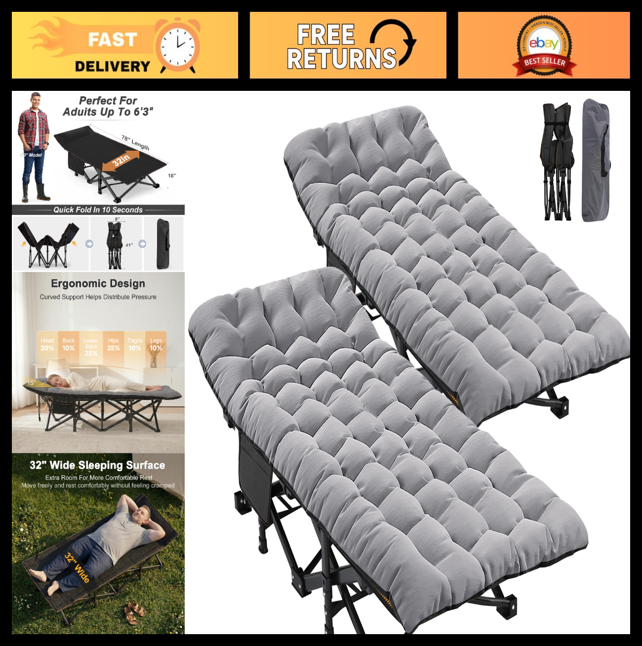 XXL Folding Camping Cot for Adults   32" Wide, 900 lb Capacity, 2 Pack, Removabl0
