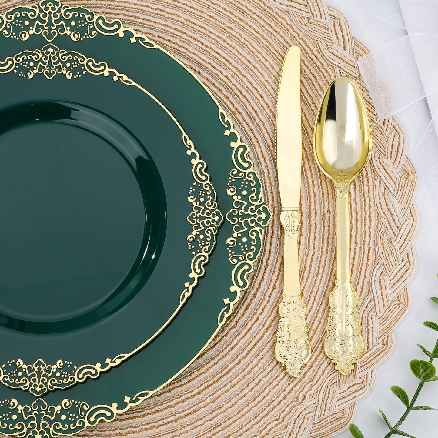 350-Piece Green & Gold Disposable Dinnerware Set for 50 Guests | Plates, Silverw3