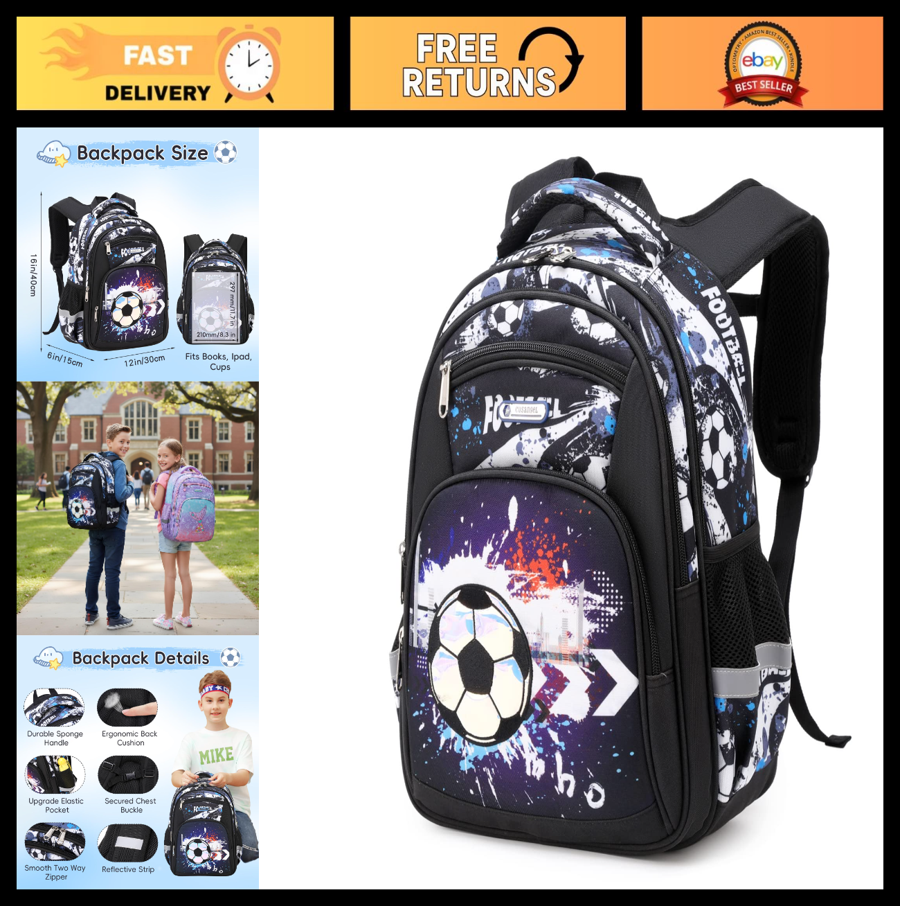 Lightweight Waterproof School Backpack for Kids, Large Capacity, Soccer Print, 10