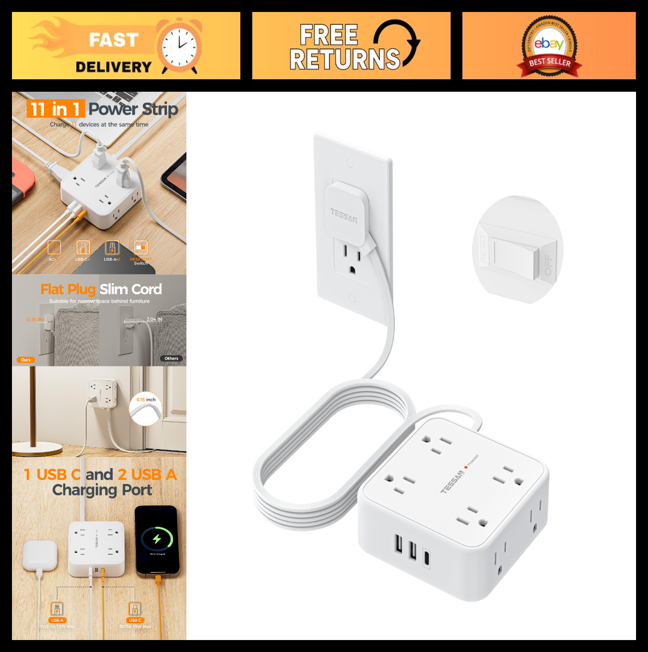 Surge Protector Power Strip 900J Protection, 10 Ft Extension Cord, White0