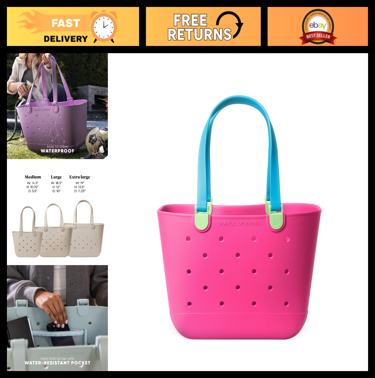 Large Waterproof Beach Tote Bag with Zipper Pocket | Travel, Pool & Grocery Esse0