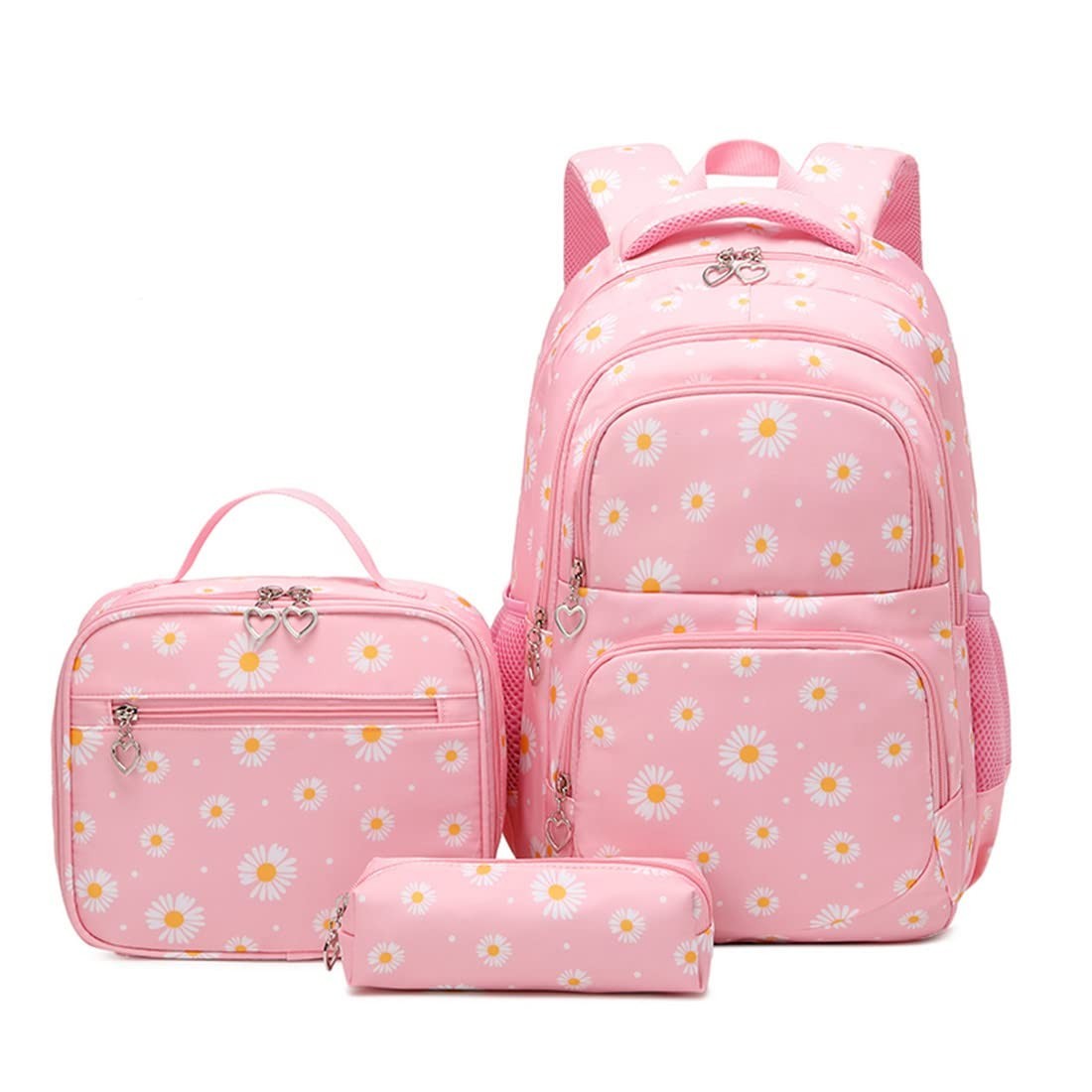 Daisy Print Backpack Set for Girls   3 Pcs Bookbag & Lunch Box   Pink, School Re1