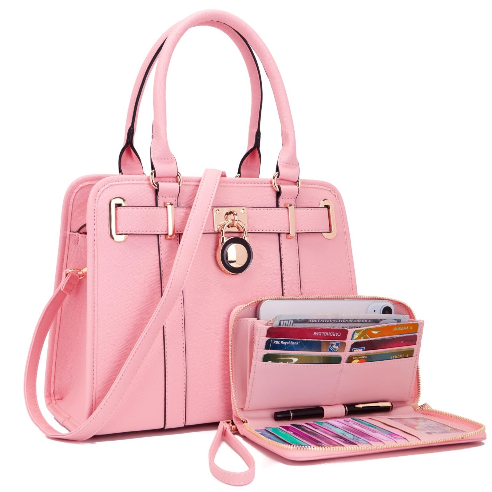 Stylish Women's Structured Satchel Tote Handbag Set with RFID Wallet - Fashionab1