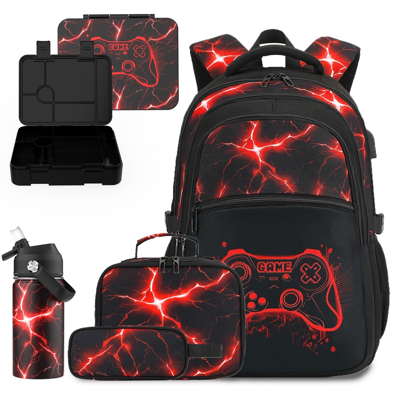 Cool Luminous Gamer Backpack for Boys, Insulated Lunch Box, Water Bottle & Penci1