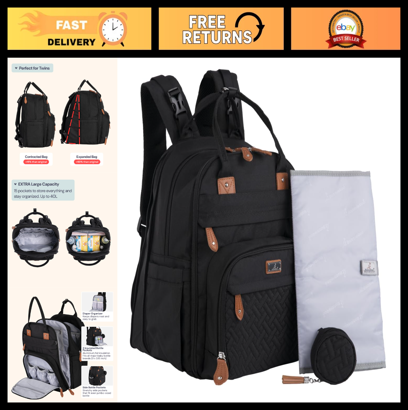 Extra Large Diaper Bag Backpack   Expandable Baby Tote with Changing Pad, Stroll0